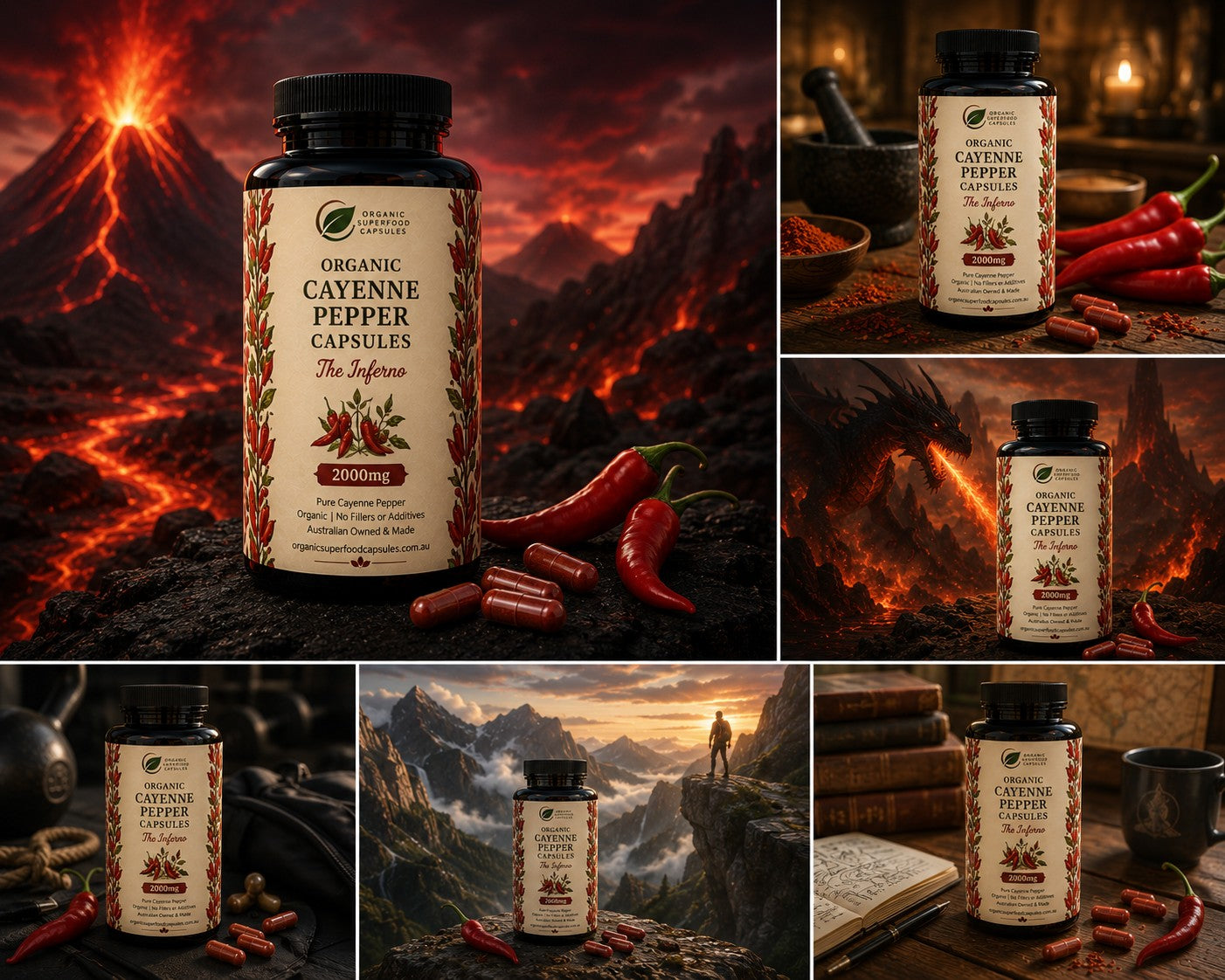 A collage of five product renderings showing a bottle of Organic Cayenne Pepper Capsules against dramatic fantasy-style backgrounds featuring a volcano, a dragon, mountains, and a rustic stone setting. The bottle label is cream with red and green accents, and red chili peppers are scattered around the bottles.