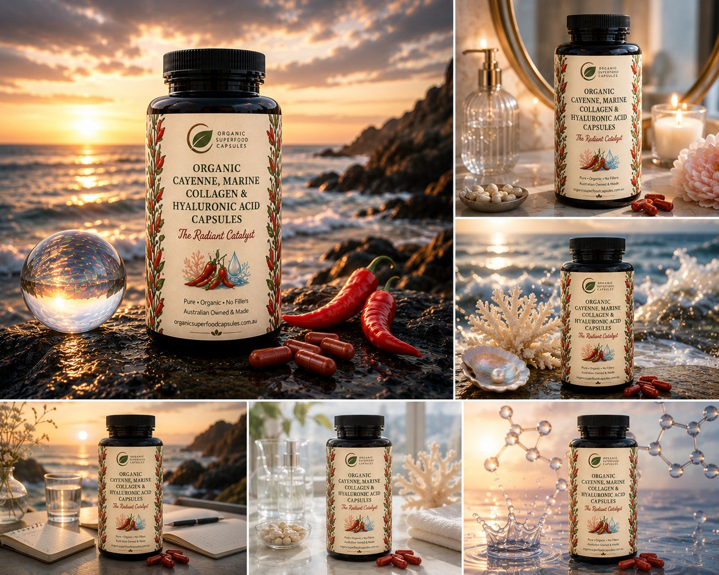 Organic Cayenne, Marine Collagen & Hyaluronic Acid Capsules | The Radiant Catalyst