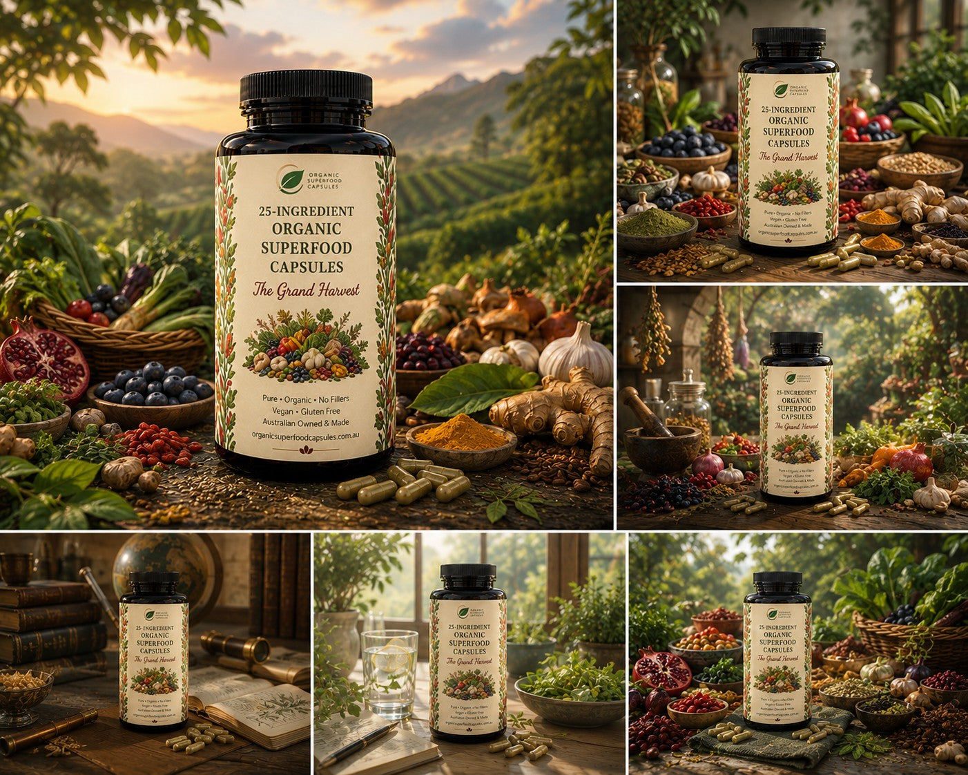 A collage of six product photos showing a black supplement bottle labeled '25-Ingredient Organic Superfood Capsules' placed in various natural and rustic settings with herbs, fruits, and ingredients around it.