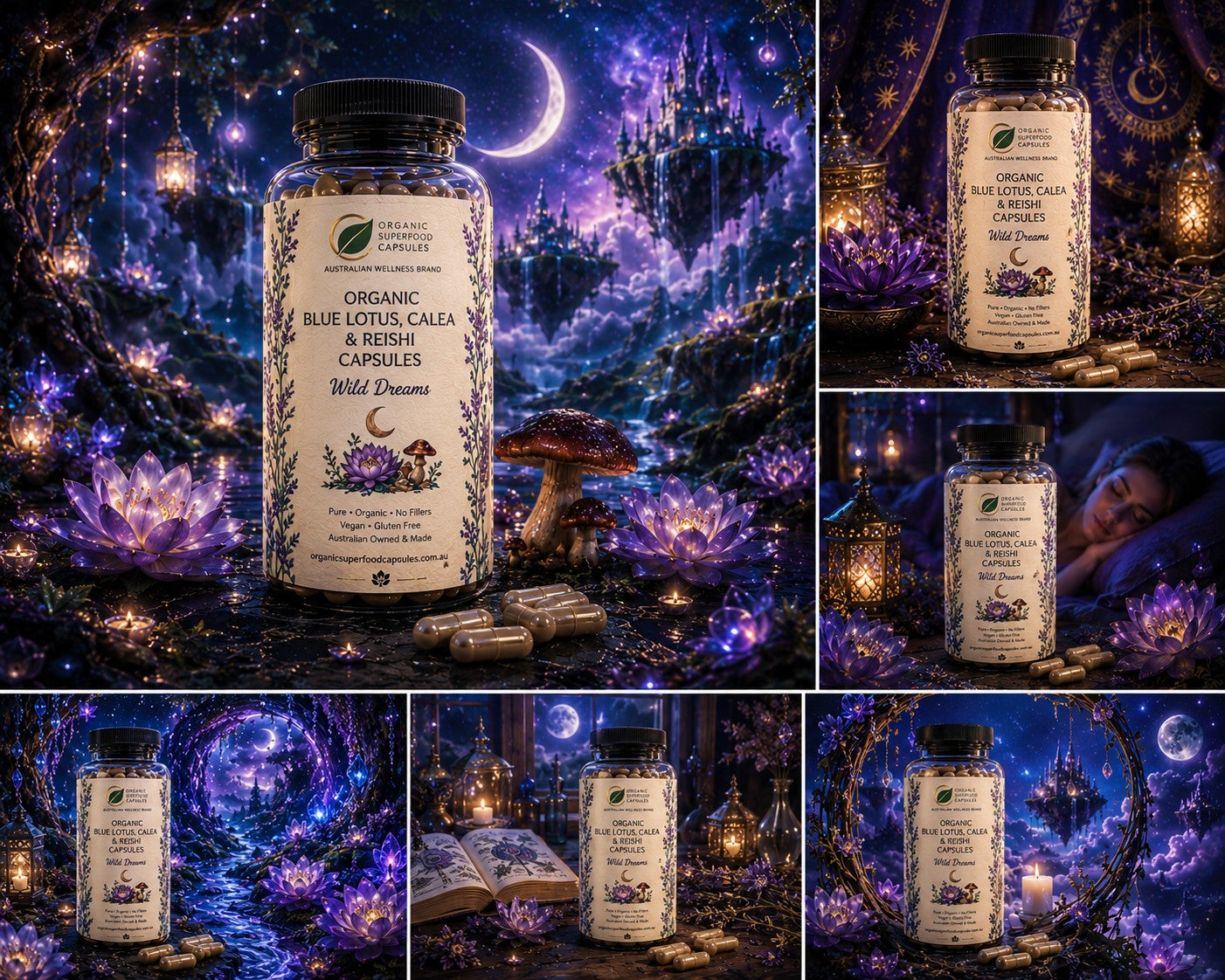 A collage of product photos showing a bottle of Wild Dreams Organic Blue Lotus Calm & Relax Capsules against mystical fantasy backgrounds with purple celestial skies, glowing lanterns, and enchanted forest imagery.