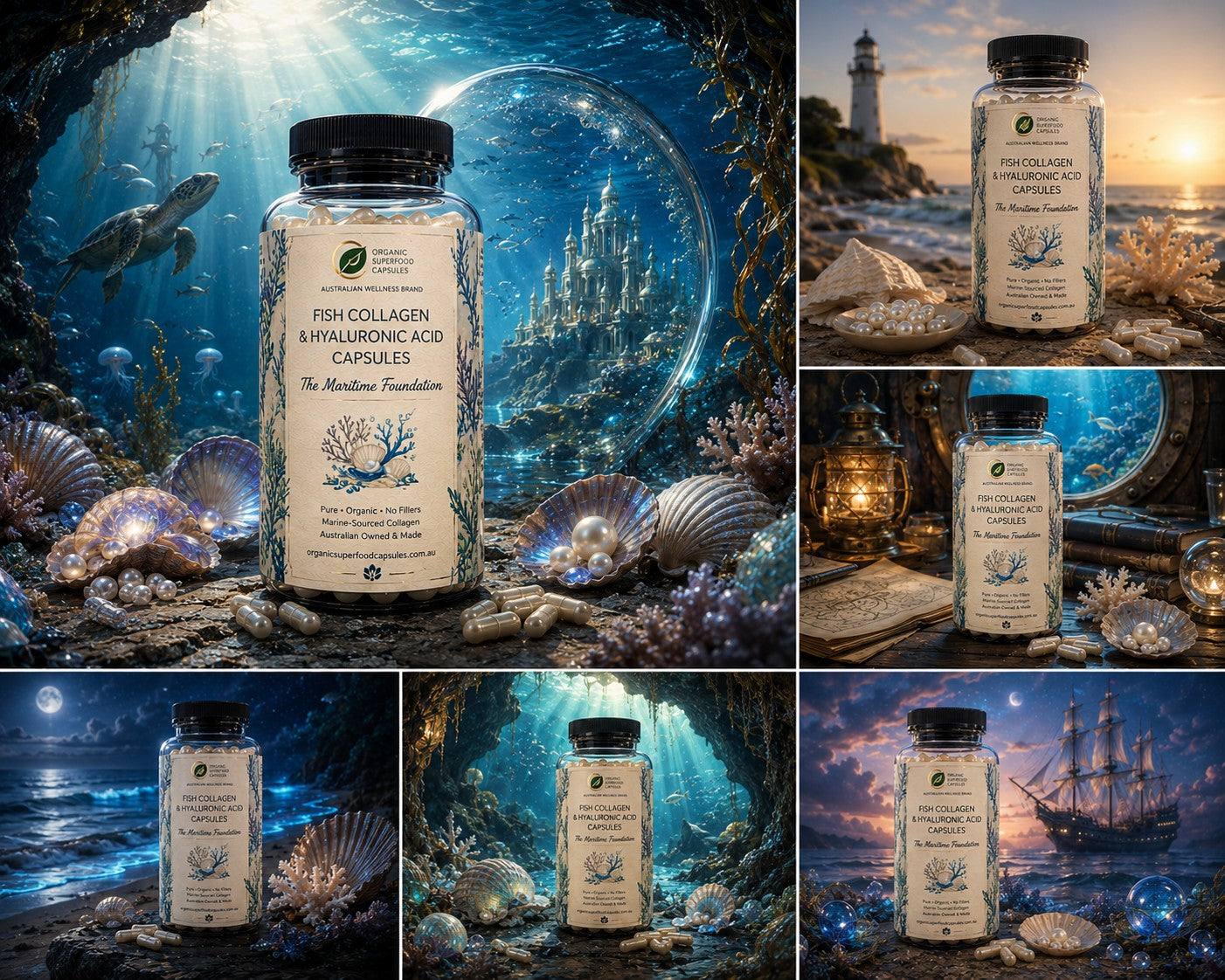 A collage of six product photos showing a bottle of fish collagen and hyaluronic acid capsules placed in various scenic environments, including an underwater scene, a lighthouse by the sea, and a ship at sunset. The bottle label reads 'The Maritime Foundation'.