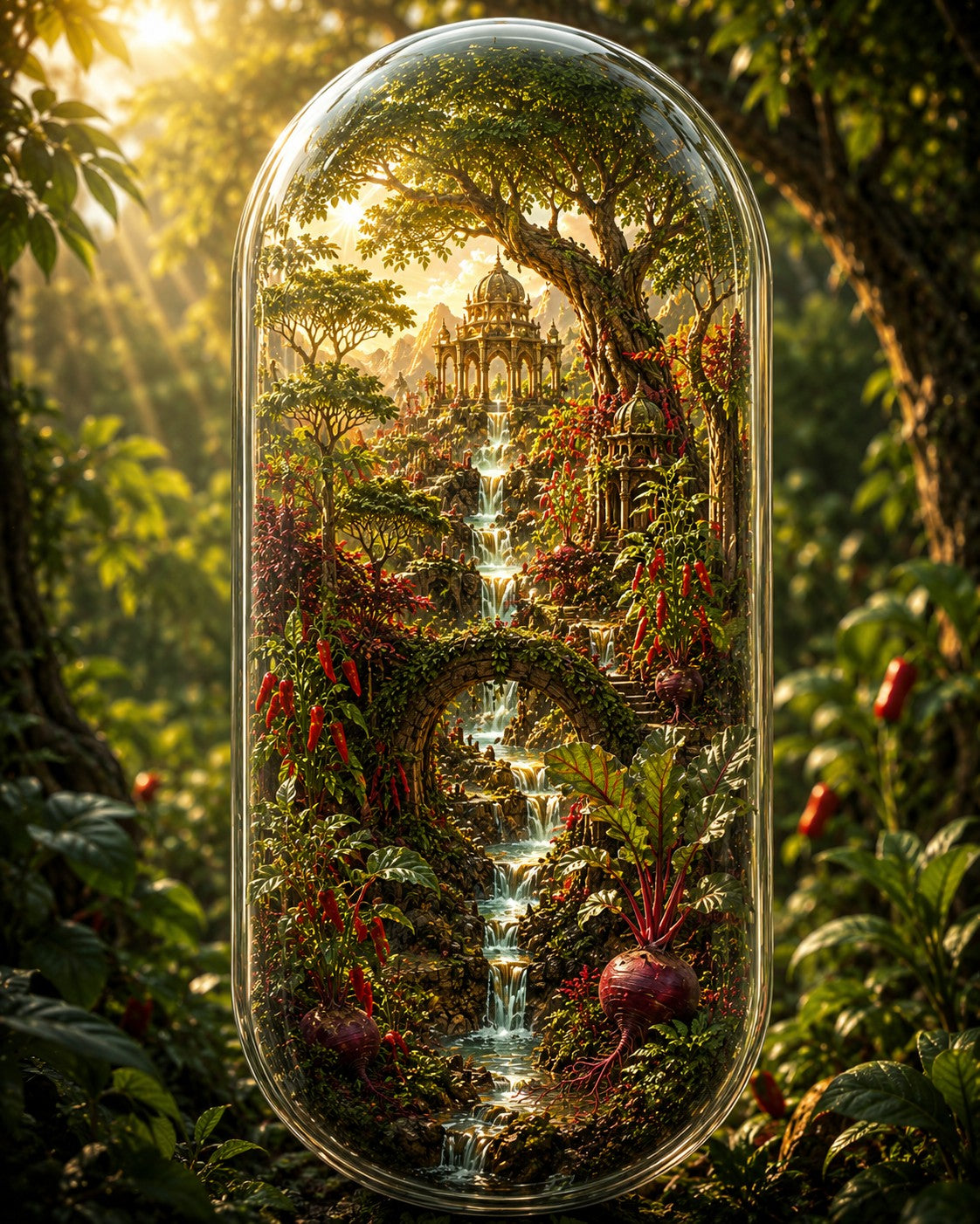 A clear capsule-shaped glass container filled with a lush fantasy forest scene, including a waterfall, trees, flowers, and a small stone structure, set against a real outdoor jungle background.