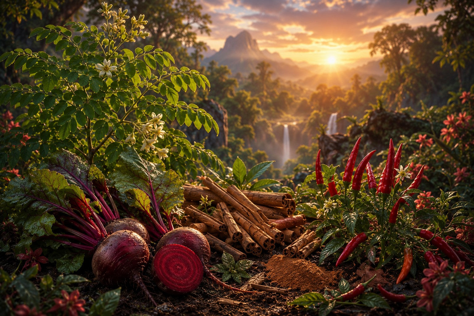 A lush garden scene at sunset with beet roots, red chili peppers, and wooden logs in the foreground, set against a misty mountain landscape with a waterfall in the distance.
