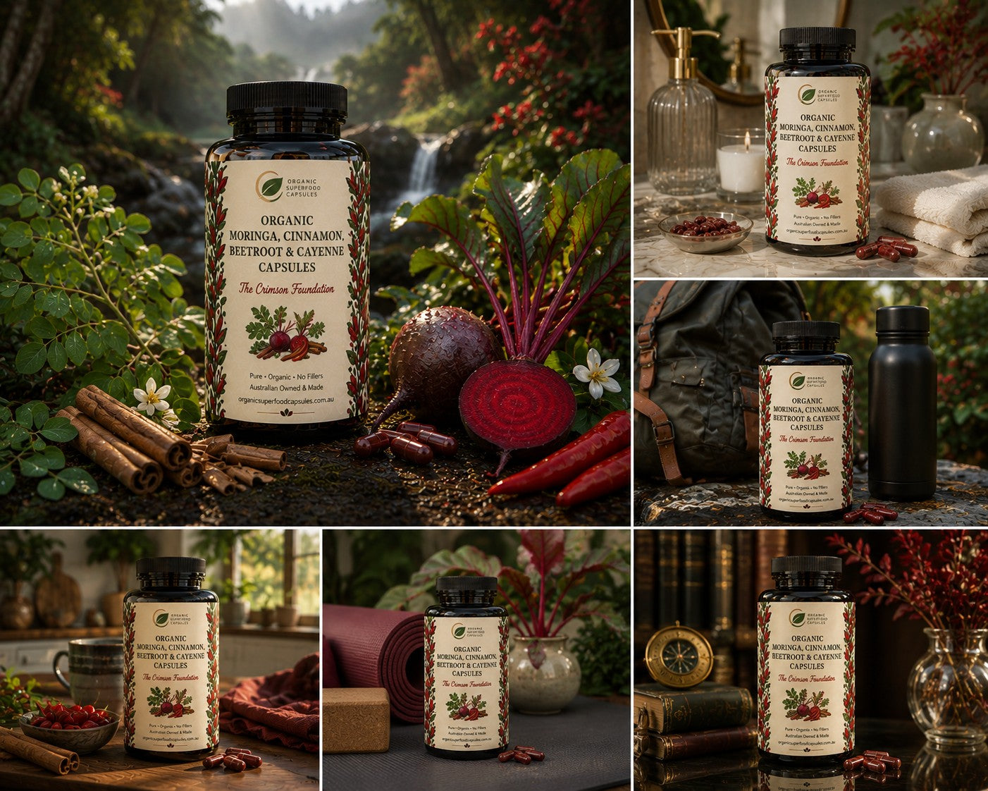 A collage of six product photos showing a bottle of herbal capsules labeled 'Organic Moringa Cinnamon & Ginger Capsules' in various styled environments including a forest, a kitchen, and a study.