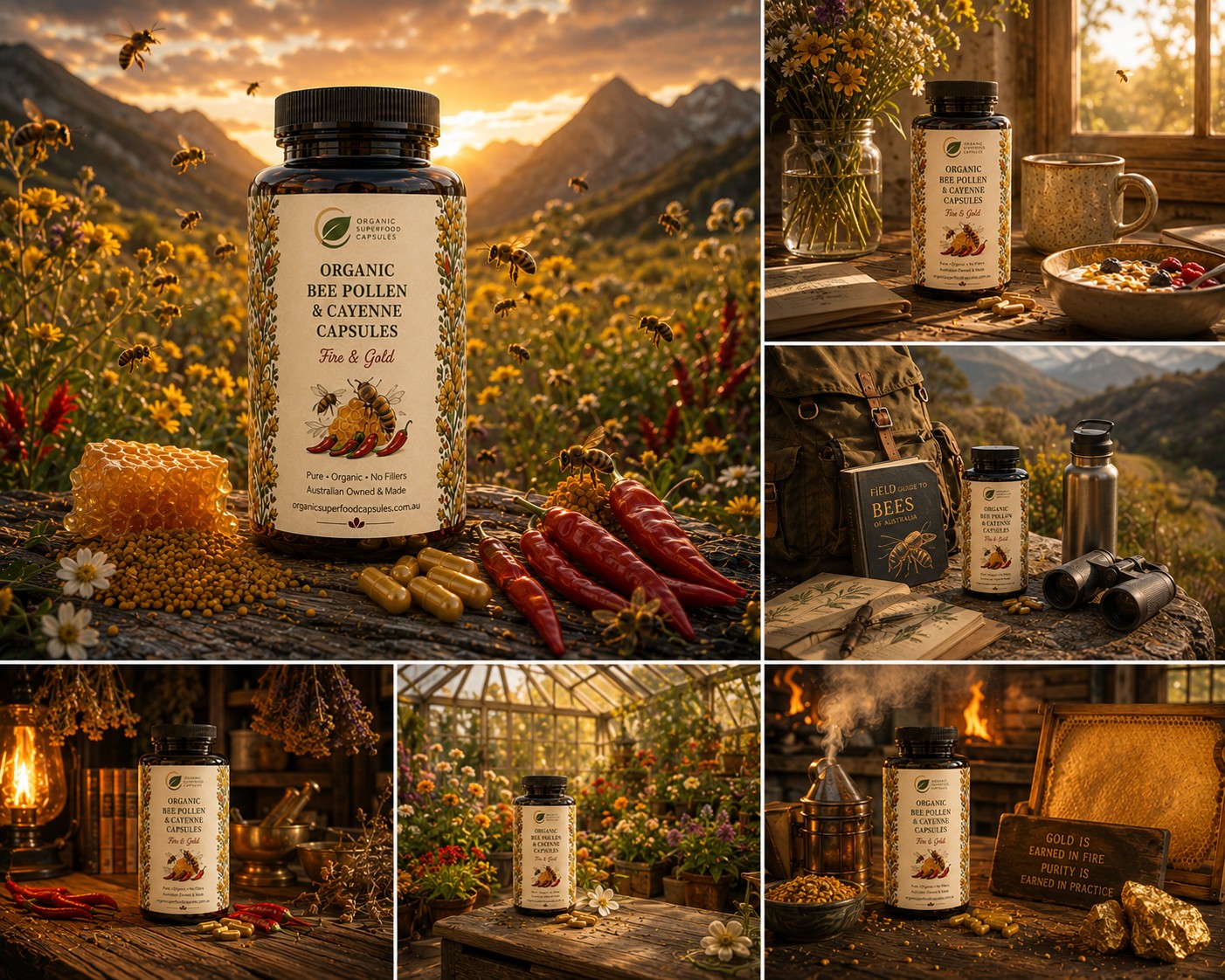 A six-panel collage showcasing a bottle of Organic Bee Pollen & Cinnamon Capsules in various rustic outdoor and camp settings. The main panel on the top left shows the bottle in a sunny mountain meadow with bees flying around it, while the other panels show the bottle in cozy campfire scenes, a rustic kitchen, and a greenhouse.