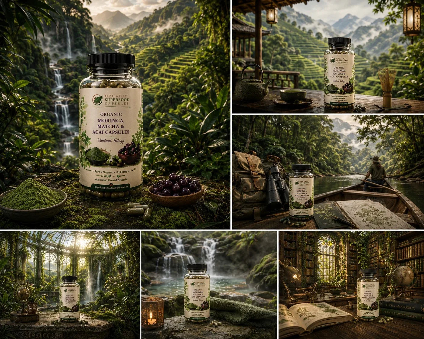A collage of six lifestyle scenes featuring a bottle of herbal supplements labeled 'Organic Herbology Merica & Aça Capsules' placed in outdoor and indoor environments like forests, rivers, cabins, and study rooms.