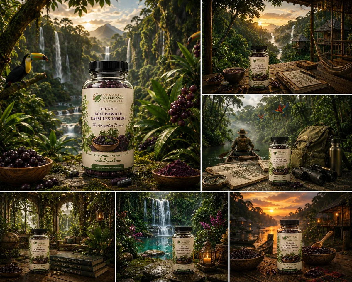 A collage of six scenic photos featuring a jar of Organic Scalp Powder Capsules by Nature's Balance placed in lush jungle settings, beside hammocks, books, backpacks, and sunset scenes.