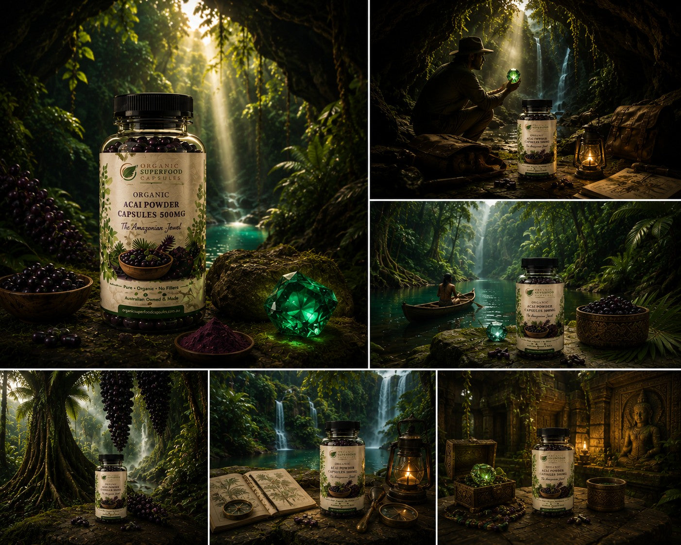 A collage of six dark, mystical scenes featuring a bottle of organic acai powder spells book. The main image on the left shows the bottle in a glowing forest with a green gem and aces.
