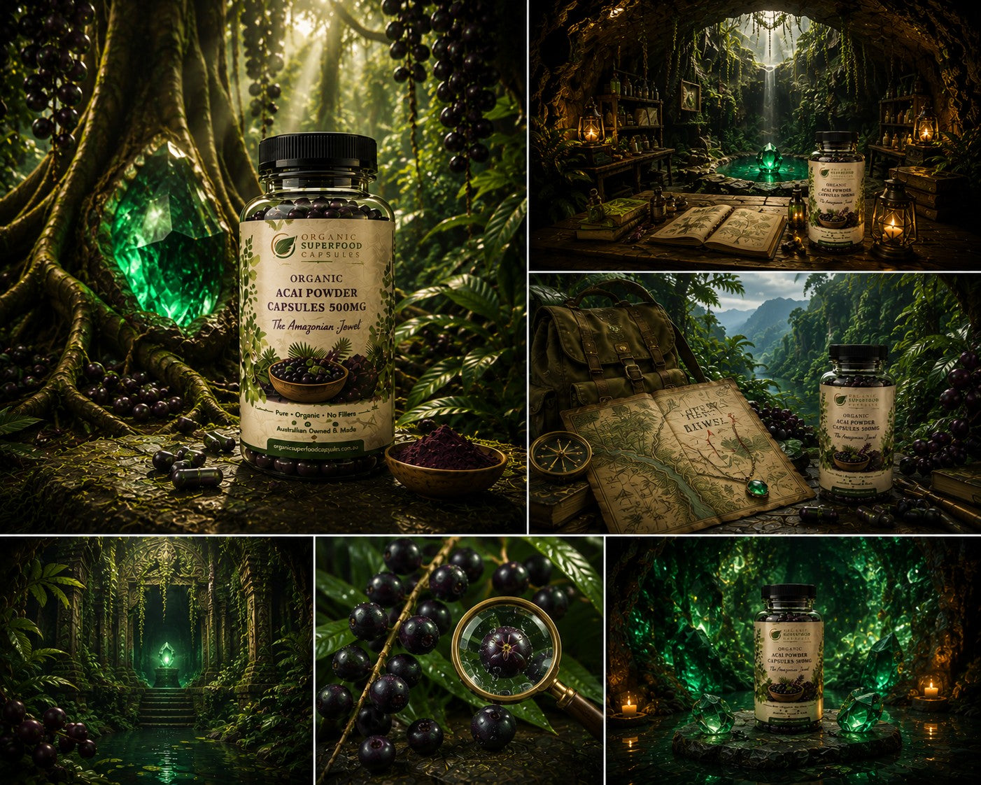 A collage of five mystical, dark fantasy-themed scenes featuring a bottle of 'The Dragon's Fire' organic acai powder capsules. The bottle is shown in a lush, glowing green forest, next to a magnifying glass over acai berries, on an old map in a library, and in a glowing green cave.
