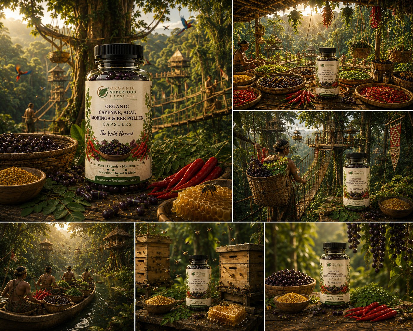 A collage of six panels featuring a bottle of gourmet capsules prominently in a lush tropical forest setting with ingredients like red chilies, spices, and wooden huts. The bottle label reads 'Gourmet Capsules' and 'Organic Gynemic & Retinol Capsules'.