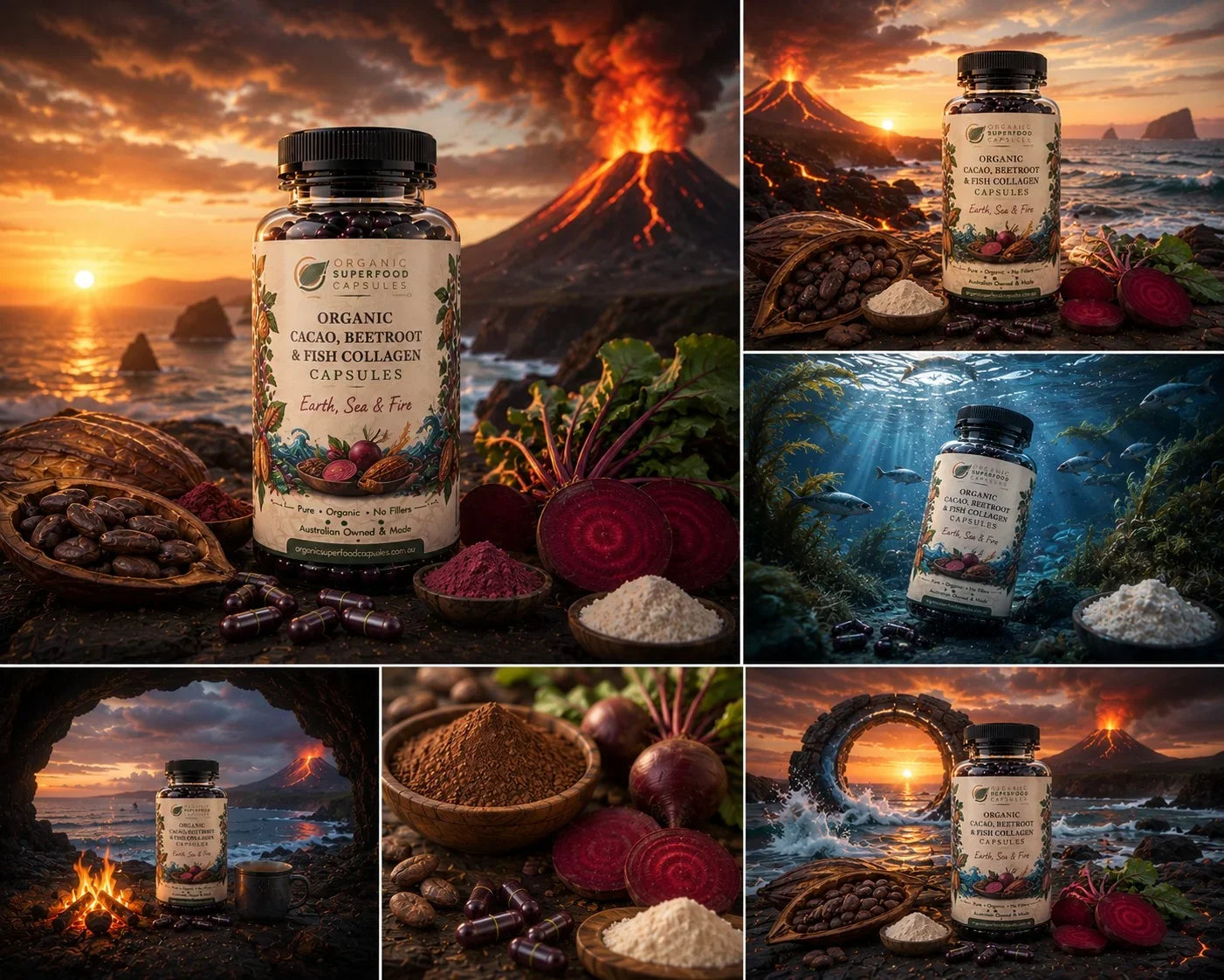 A six-panel collage showing a bottle of Organic Cacao, Beetroot & Stom Collagens Capsules surrounded by ingredients like cocoa beans, beetroot, and collagen powder, set against dramatic natural backdrops including volcanic mountains, ocean waves, and underwater scenes.