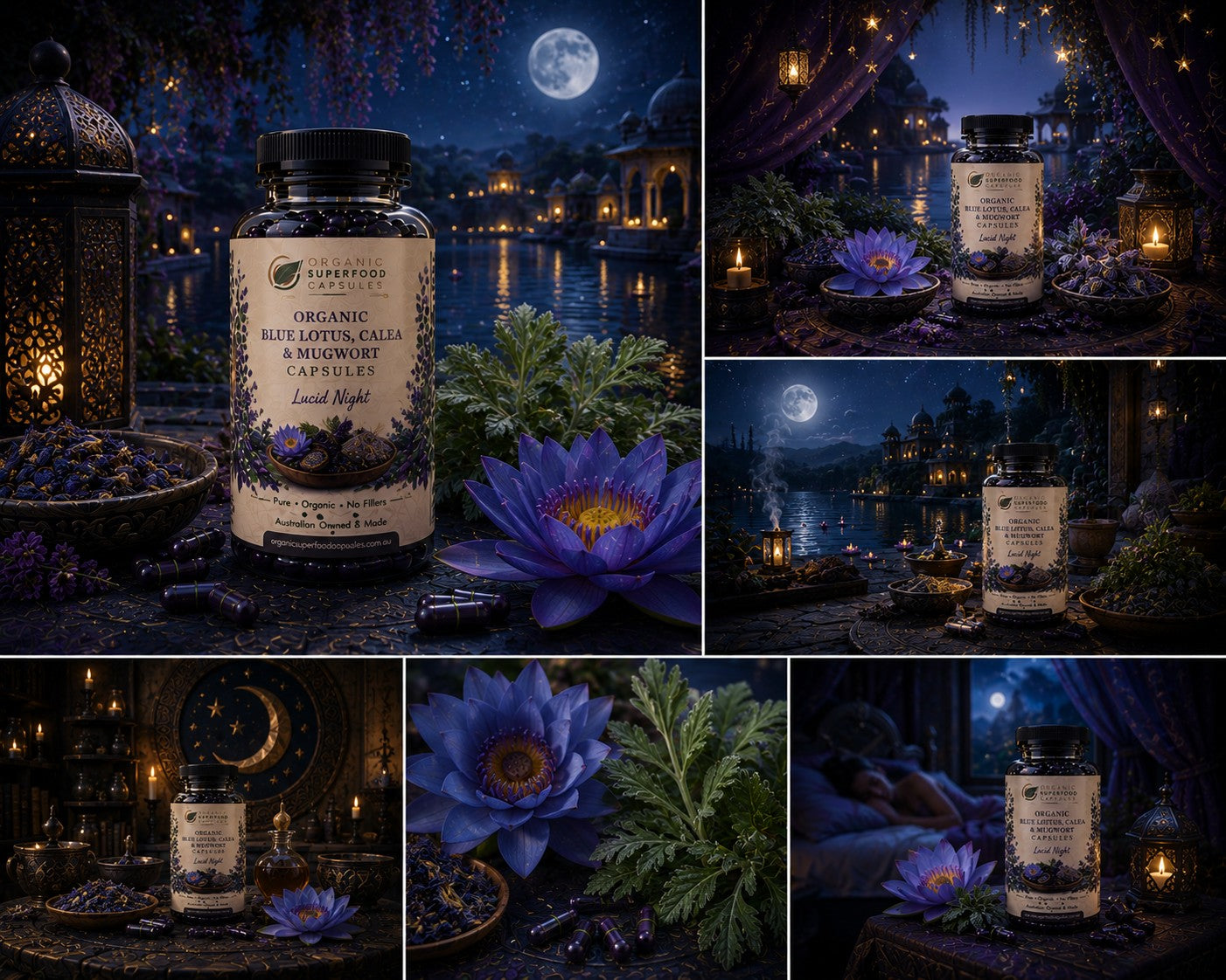 A collage of seven dark, moody scenes featuring a bottle of herbal supplements labeled 'Lunar Night' surrounded by blue lotus flowers, candles, lanterns, and a nighttime lakeside setting with a full moon.