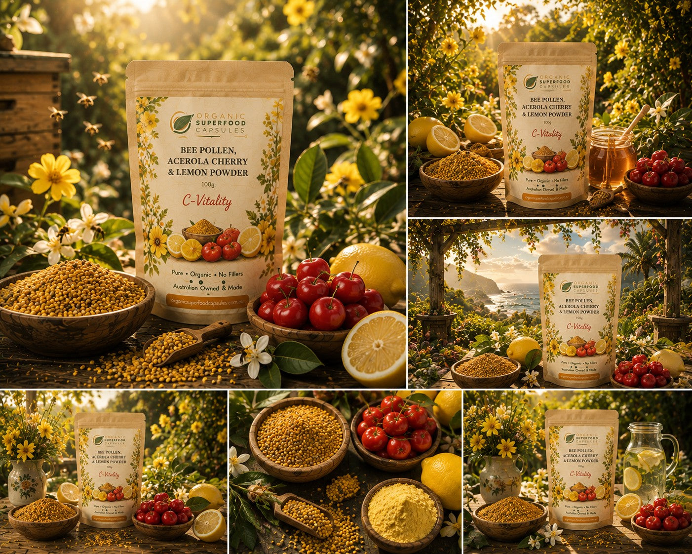 A collage of six outdoor product photos featuring a stand-up pouch of Superfood Roots herbal powder. The pouch is labeled 'Bee Pollen, Acerola Cherry & Lemon Powder (100g) | C-Vitality