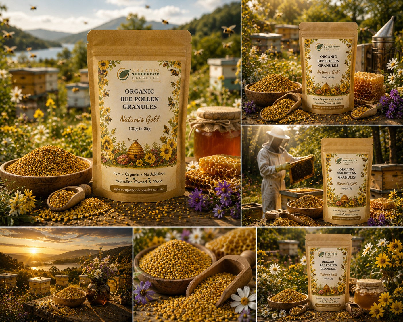 A collage of six product photos showing a stand-up pouch of Superfood Organic Bee Pollen Granules surrounded by honey, beehives, flowers, and a beekeeper in a field. The product packaging is tan and brown with yellow floral illustrations and text.