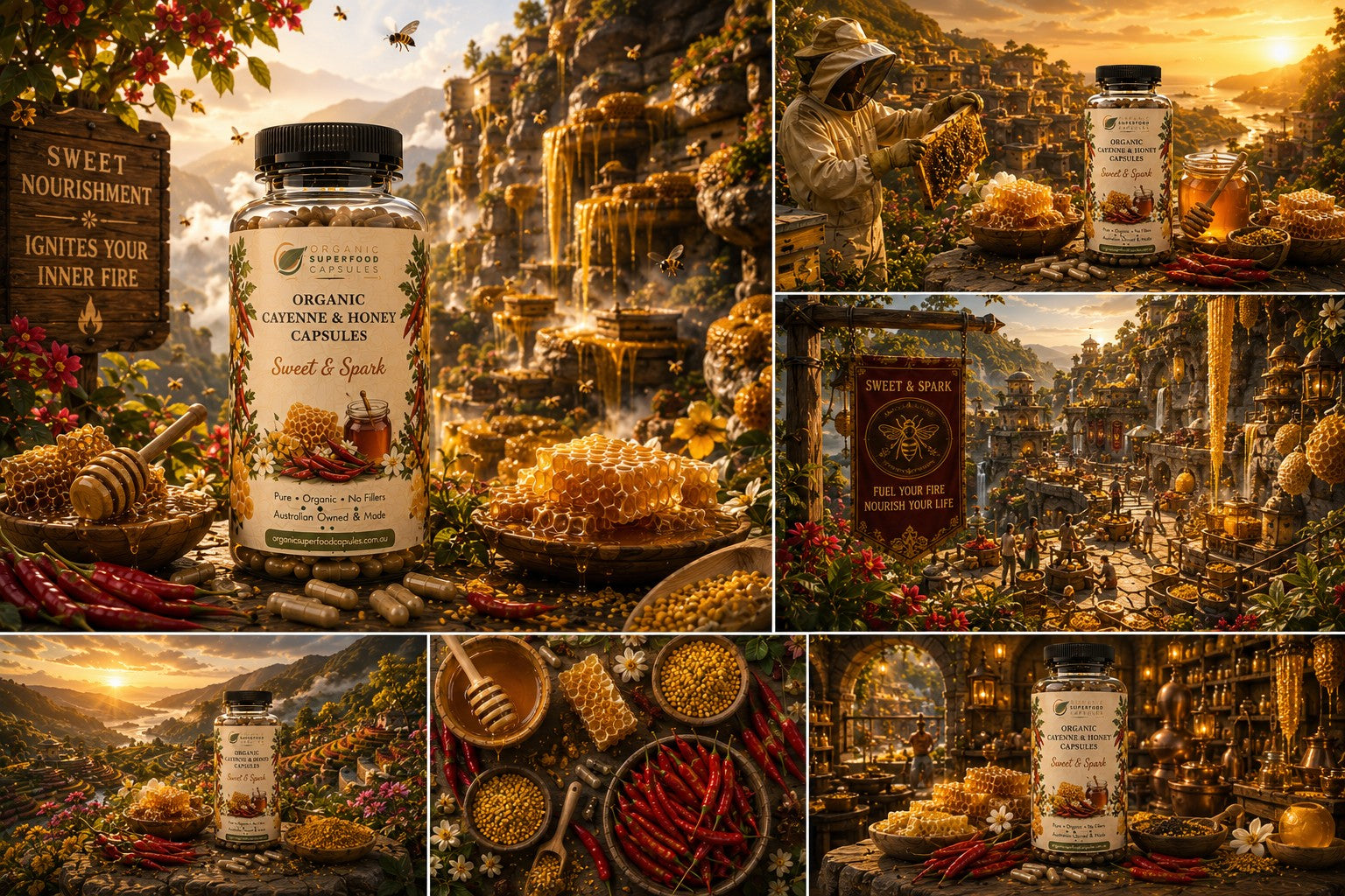 A collage of seven warm, golden scenes featuring a jar of organic nut and root capsules labeled placed in rich environments with honey, chilies, spices, and scenic backdrops.