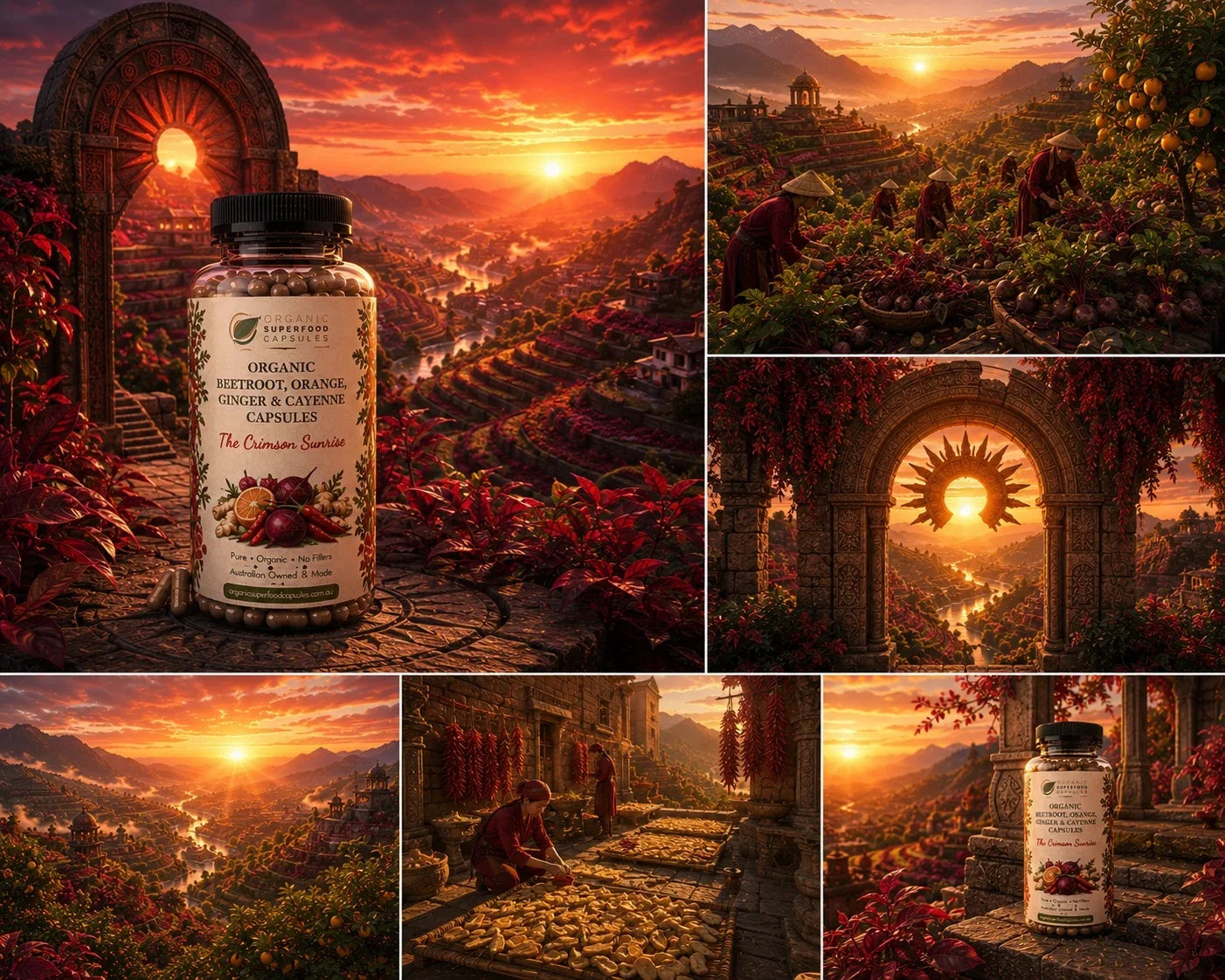 A collage of six panels featuring a bottle of Capsicum Capsules supplement. The bottle has a black cap and a cream label with red peppers and fruit illustrations.
