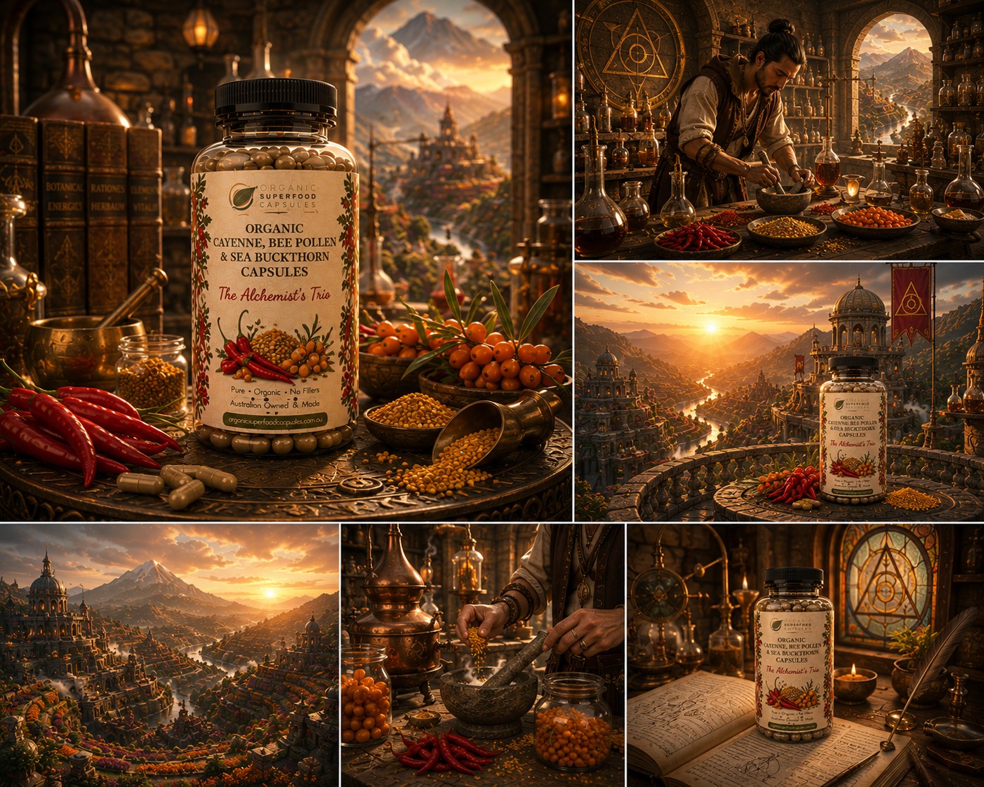 A collage of six panels featuring a jar of herbal supplement capsules placed in richly detailed fantasy-style scenes with mountains, alchemy vessels, spices, and a person preparing ingredients. The main product shown is a clear jar labeled 'Organic Ginseng Root Powder & Sea Bitters Capsules' with red chili peppers and golden powder around it.