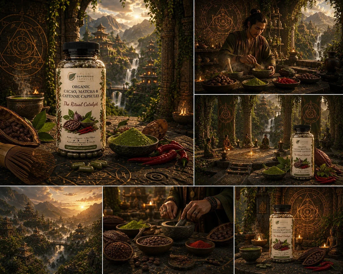 A collage of six panels showcasing a bottle of organic cacao, metha, and asthmone capsules. The main panel on the left shows the bottle with its label, surrounded by cacao beans, a bowl of green powder, and red chili peppers.