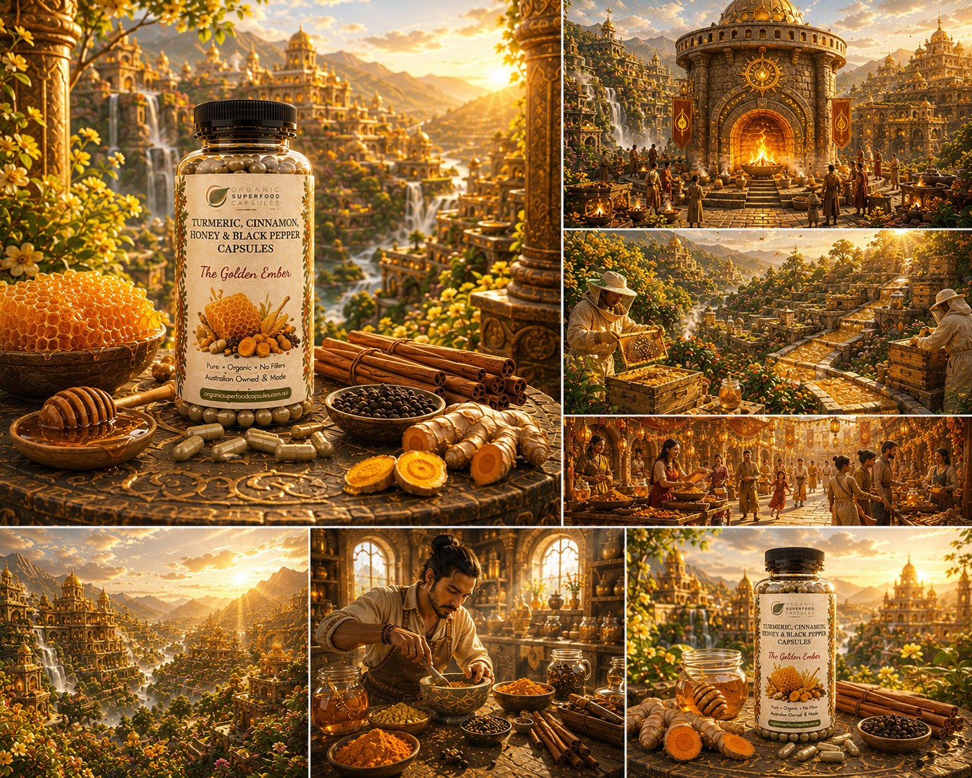A collage of golden, fantasy-inspired scenes featuring a supplement bottle labeled 'Turmeric, Cinnamon, & Black Pepper' alongside honey, cinnamon sticks, and dried herbs. The main bottle appears in several repeated panels over a lush, sunlit landscape with stone architecture and warm glowing light.