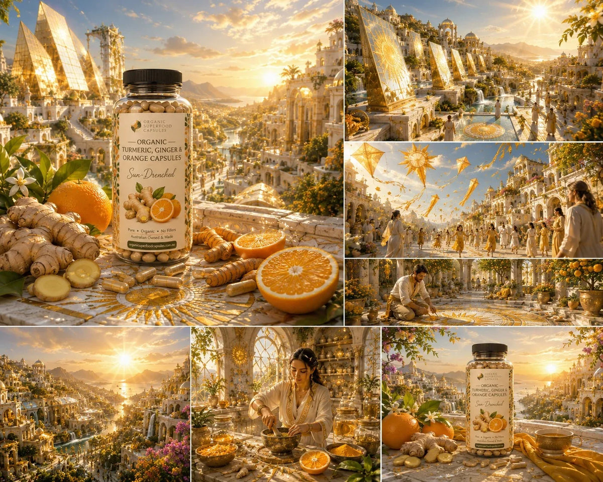 A collage of golden, sunlit scenes featuring a bottle of organic ginger and orange capsules prominently placed over ingredients like whole and sliced oranges, ginger roots, and capsules. The background scenes show a majestic golden cityscape with flowing water, warm sunlight, and many small figures walking along the streets.