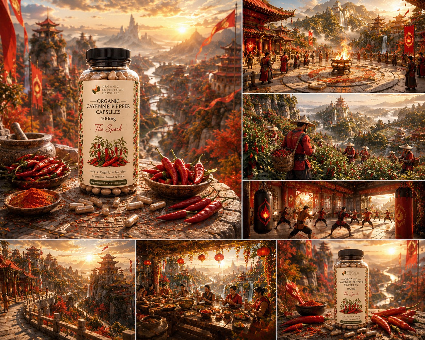 A collage of seven panels featuring a bottle of organic cayenne pepper capsules labeled 'The Spicework' surrounded by red chili peppers, bowls of red powder, and a warm, scenic fantasy landscape with pagoda-style buildings, mountains, and people in traditional attire.