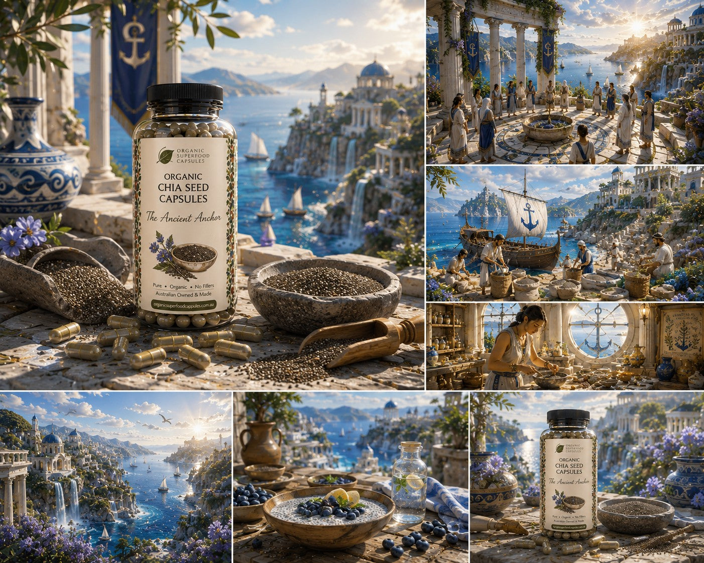 A collage of scenic coastal and nautical artwork with a central product shot of a jar labeled 'Organic Chia Seed Capsules' and 'The Ancient Anchor.' The surrounding panels show blue sea, ancient ruins, ships, and stone bowls with chia seeds.