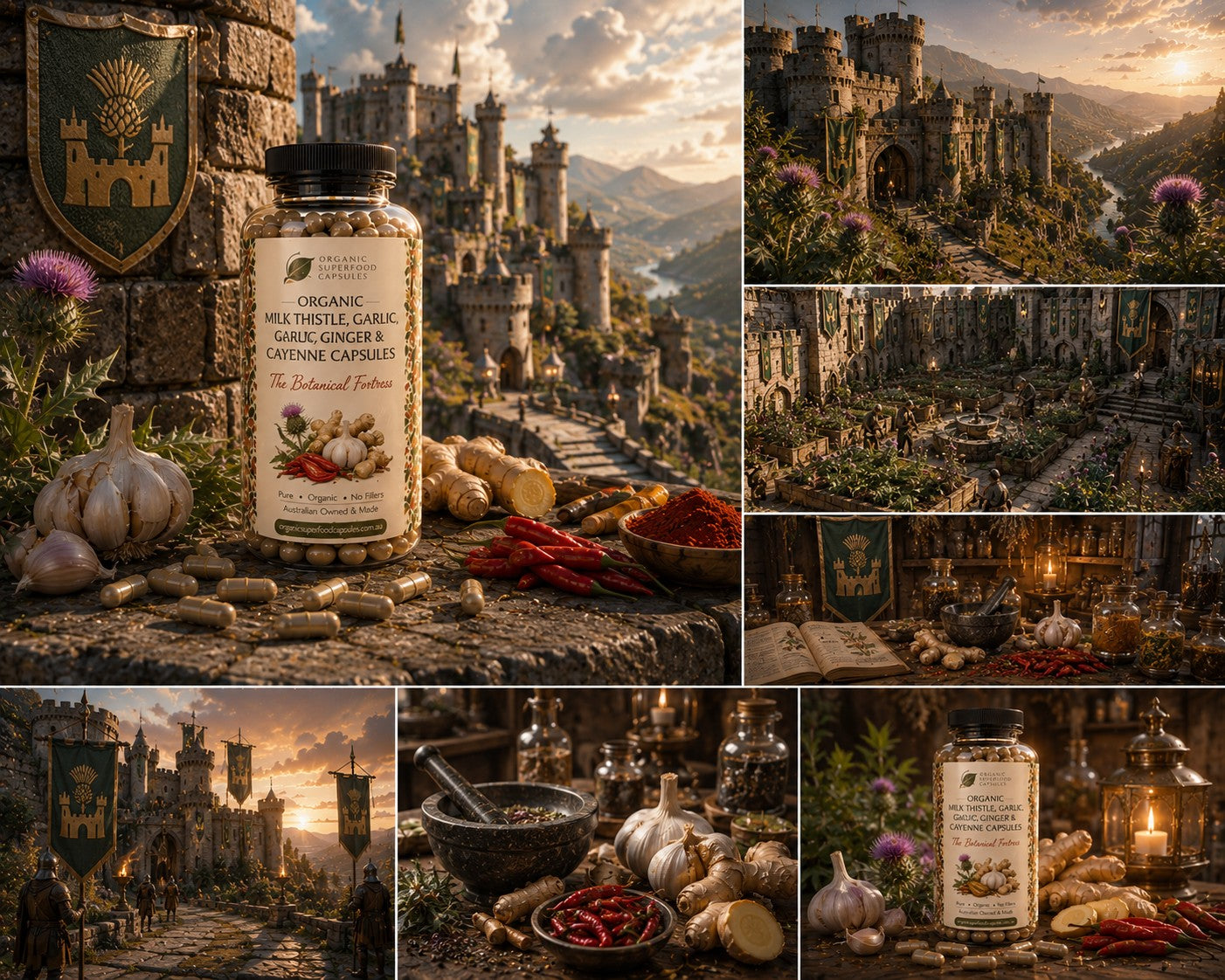 A collage of seven fantasy-themed scenes featuring medieval castles, ruins, and rustic herbal preparations, with a single supplement bottle labeled 'Organic Whole Garlic, Ginger & Mace Capsules' prominently shown in several panels.