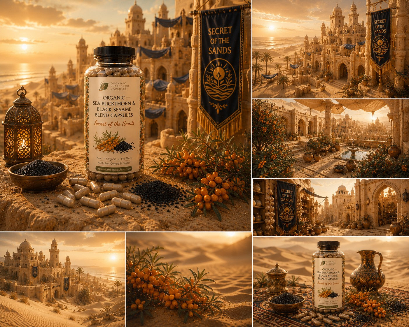 A collage of warm desert-themed product scenes featuring a supplement bottle labeled 'Organic Tea Rock Cinnamon & Black Sesame Blood Capsule' with capsules, a lantern, berries, and banners reading 'Secret of the Sands' and 'Winds of the Sands' against golden sandstone architecture.