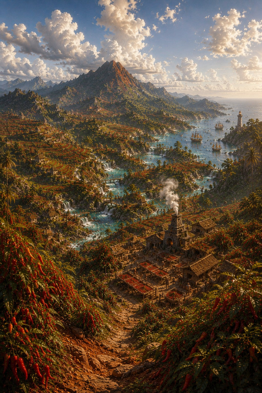 A dramatic fantasy landscape artwork showing a mountainous coastal city with blue waterways, ships, lush greenery, and a bright cloudy sky. The scene fills the frame with no visible matting or wall, so the depicted colors count as the product colors.