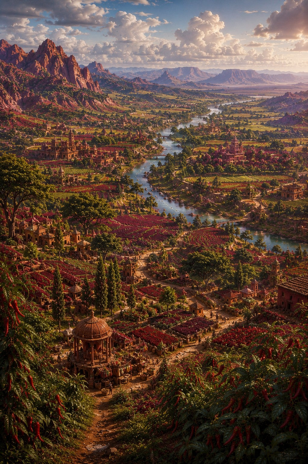 A dramatic landscape print showing a winding river flowing through a lush valley with ancient stone structures, surrounded by towering red rock mountains under a cloudy sky.