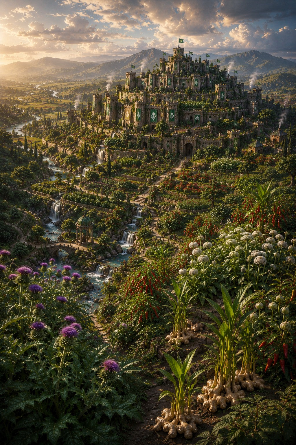 Fantasy landscape artwork showing a large stone castle perched on a lush green hillside with waterfalls, mountains in the distance, and dramatic golden-hour clouds overhead.