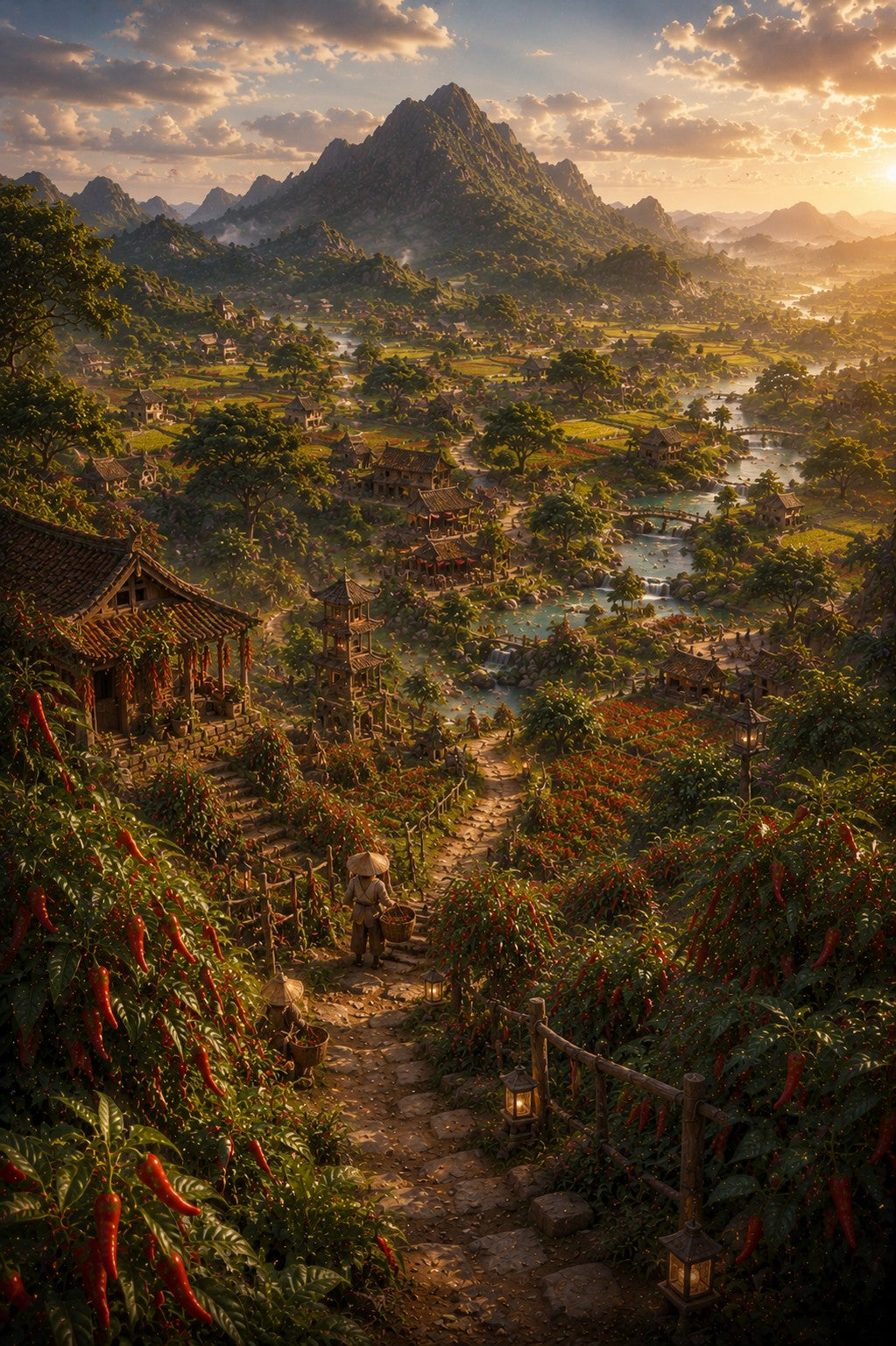 A scenic landscape artwork showing a lush valley with mountains in the background, a winding stone path, traditional-style buildings, water, and warm golden sunlight breaking through clouds.