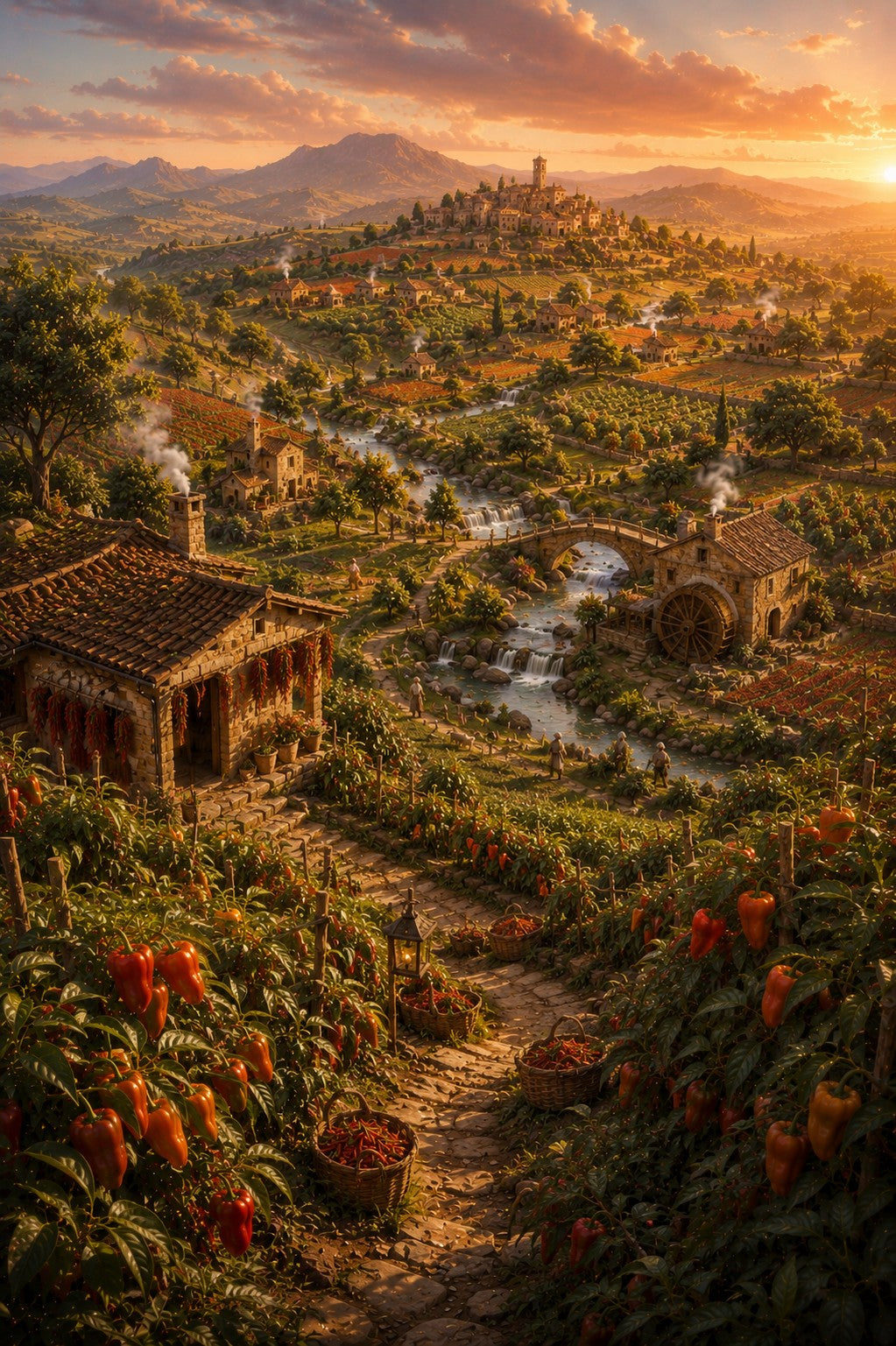 A scenic landscape artwork showing a sunlit hillside village with stone buildings, a winding river, mountains in the distance, and warm orange-red peppers hanging in the foreground.