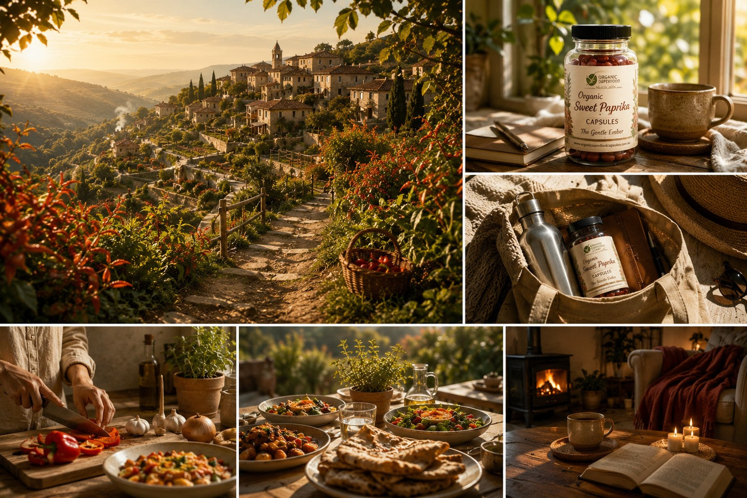 A five-panel collage showing a scenic hillside village at sunset, a jar of red pepper sauce labeled Sweet Pepper Sauce on a table, a rustic bucket containing spice bottles and a small container, a dining table with prepared dishes, and a cozy room scene with a fireplace, book, and cup.