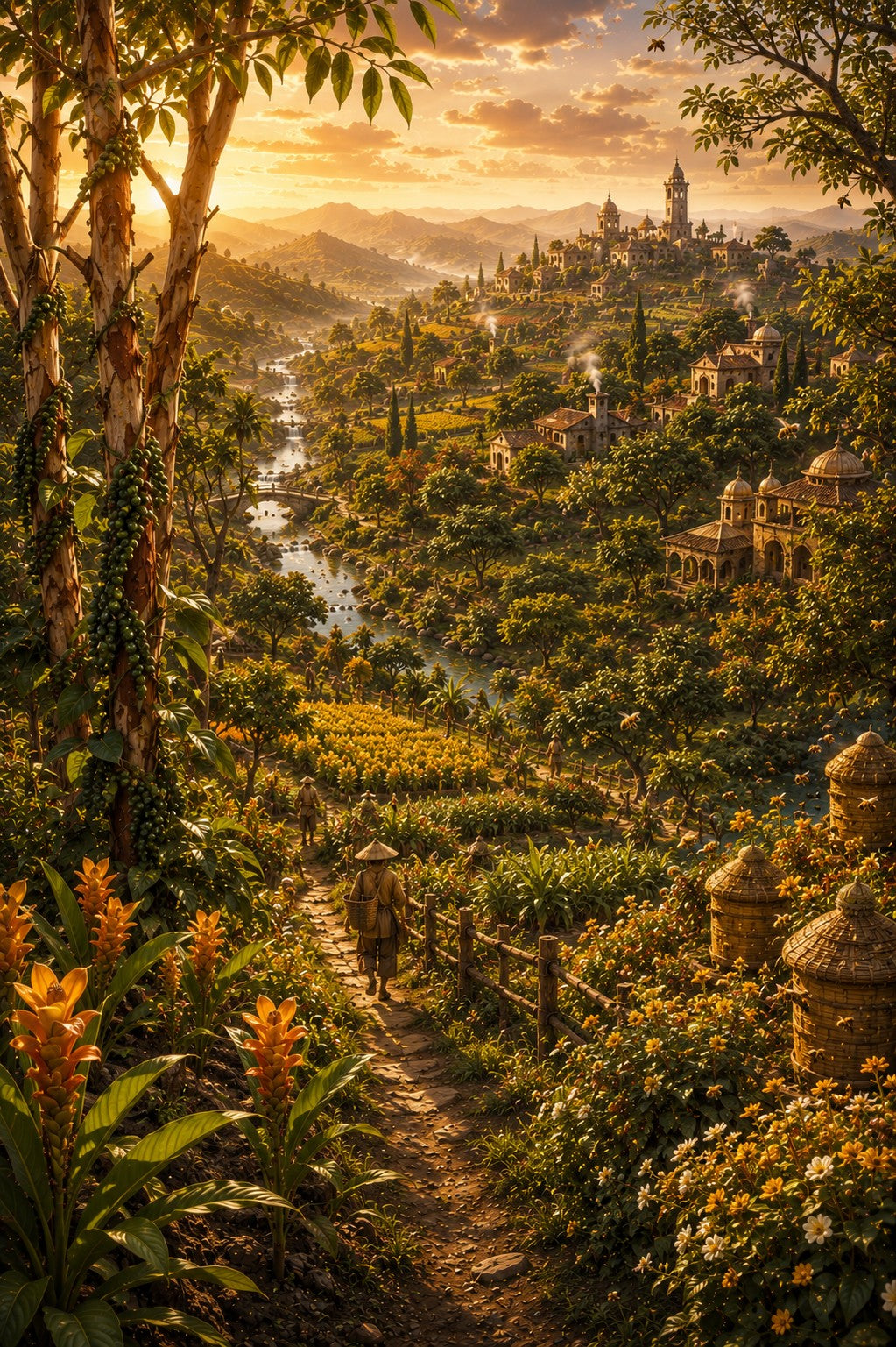 A scenic fantasy landscape artwork showing a sunlit valley with a winding river, dense green hills, stone towers, and a small figure walking along a path framed by trees and flowers.