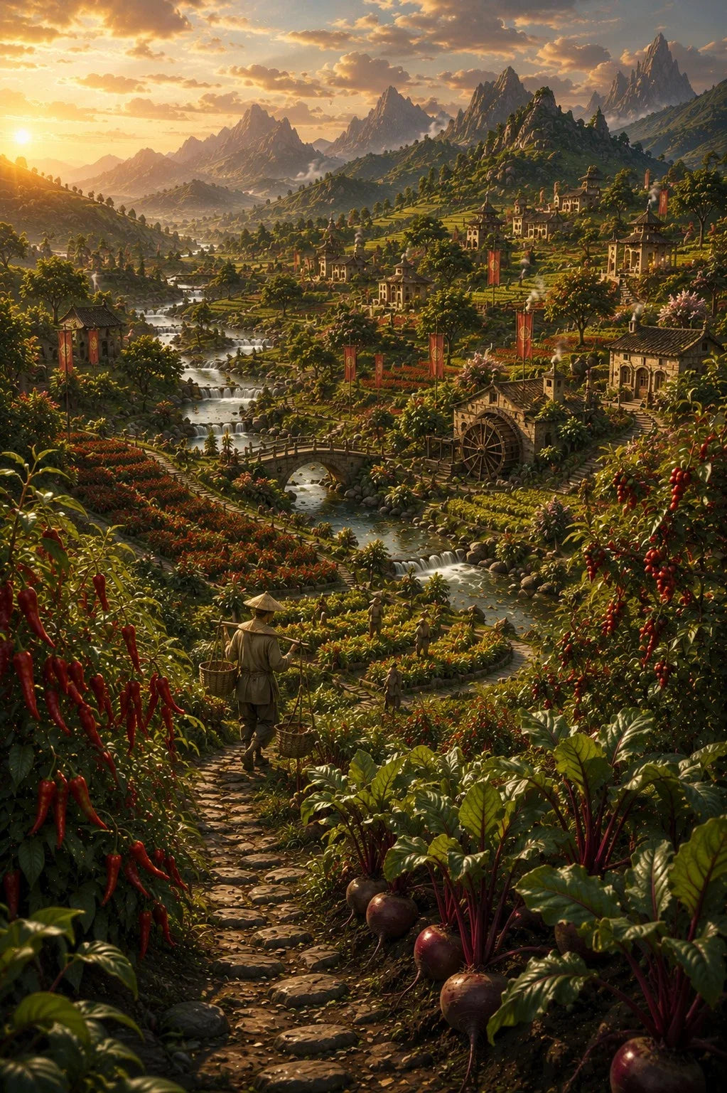 A fantasy landscape artwork showing a winding stone path through a lush valley with a river, mountains in the distance, and a person walking among garden plants and red chili plants at sunset.