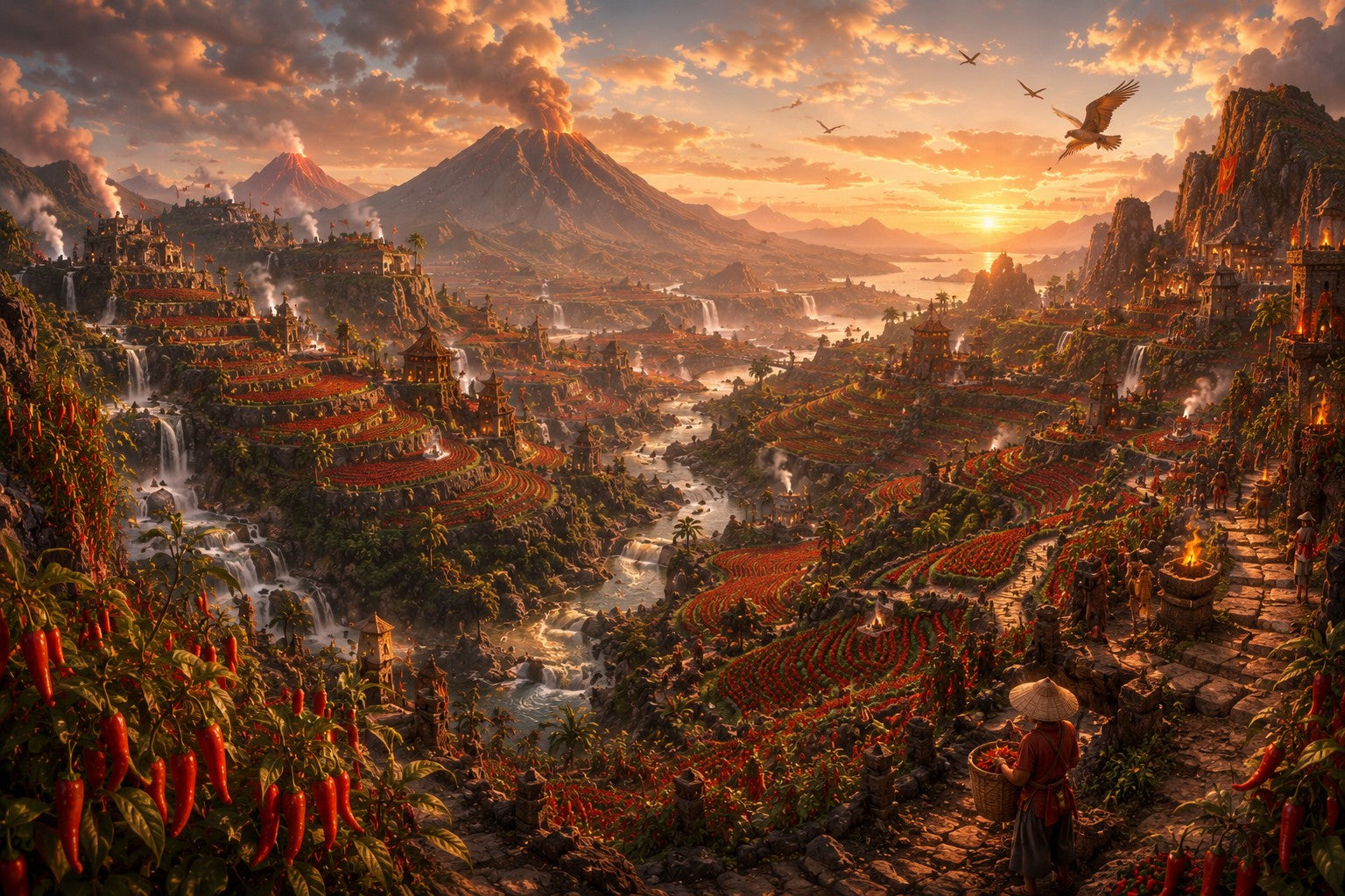 A dramatic fantasy landscape artwork showing a mountainous valley at sunset with cascading waterfalls, terraced fields, glowing orange sky, and a small figure near a fire in the foreground.