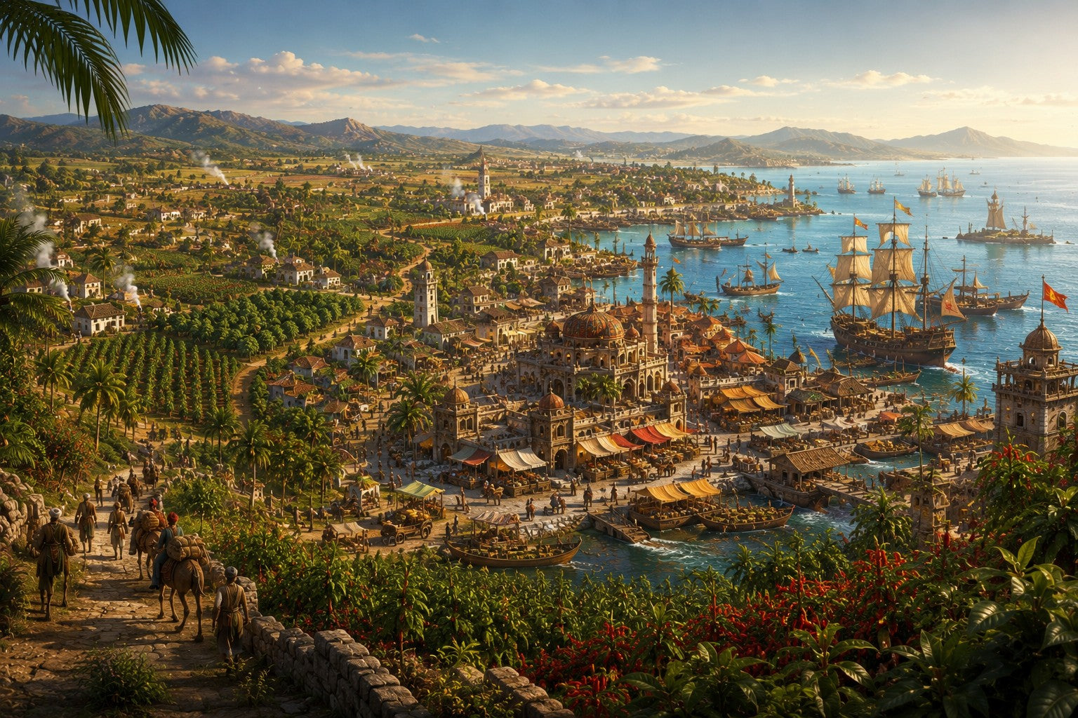A detailed historical city harbor scene with ships in blue water, mountains in the distance, and lush green vegetation in the foreground. The architecture includes domed buildings and minarets, with a warm golden light across the scene.