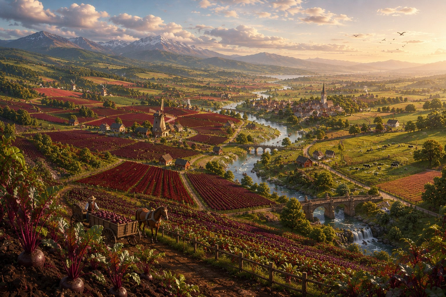 A scenic landscape artwork showing a vineyard valley with rows of red-purple grapes, a winding river, small villages, distant mountains, and a glowing sunset sky.