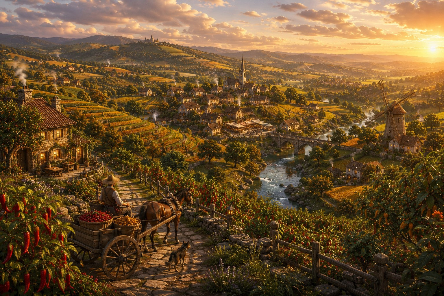 A scenic landscape artwork showing a sunlit valley village with rolling hills, a river, a bridge, a windmill, and a horse-drawn cart in the foreground under a glowing sunset sky.