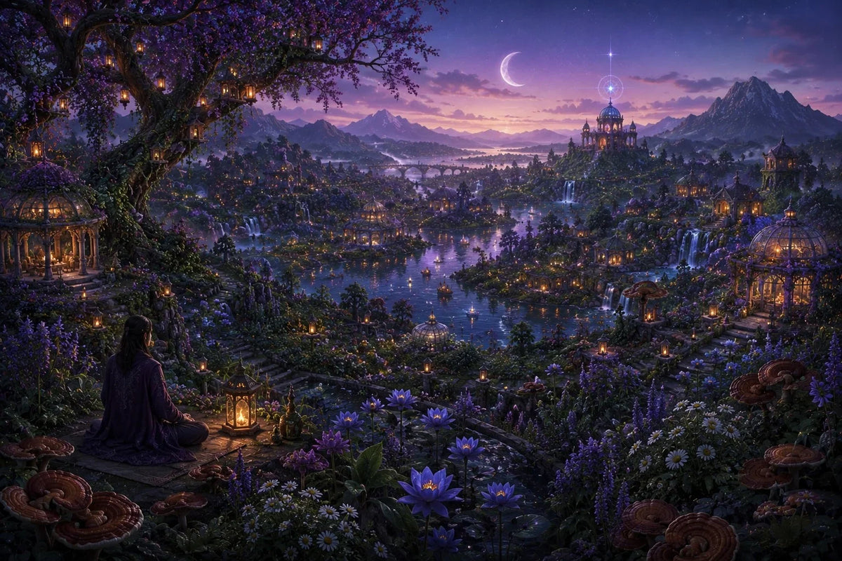 Fantasy landscape artwork showing a glowing fantasy city by a lake at dusk, with mountains, a crescent moon, purple flowers, lanterns, and a seated figure in the foreground.