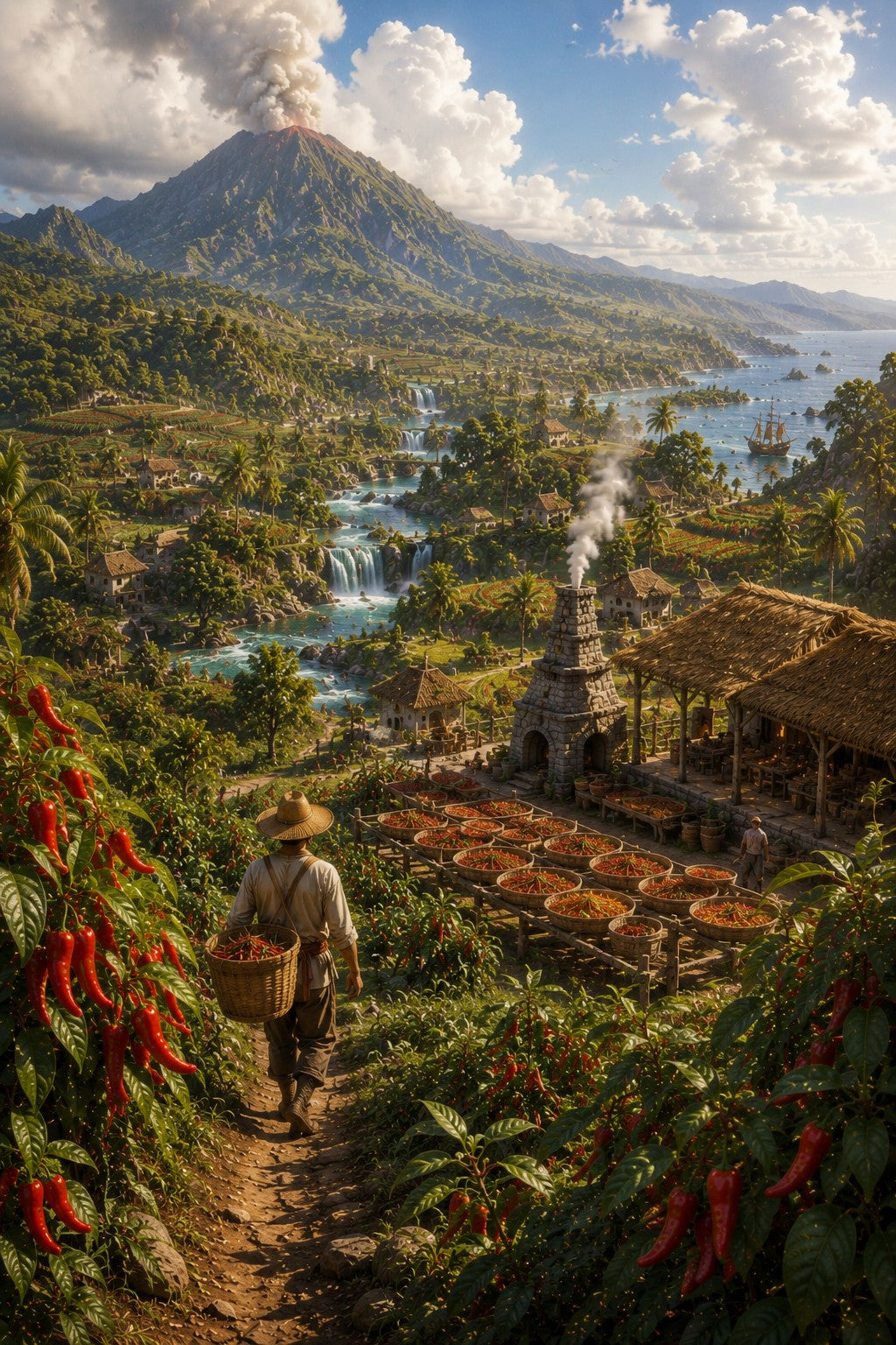 A scenic landscape print showing a lush tropical valley with a volcano erupting in the background, a river with waterfalls, a coastal bay, and a farmer walking along a path carrying a basket of red chili peppers near sun-drying beds.