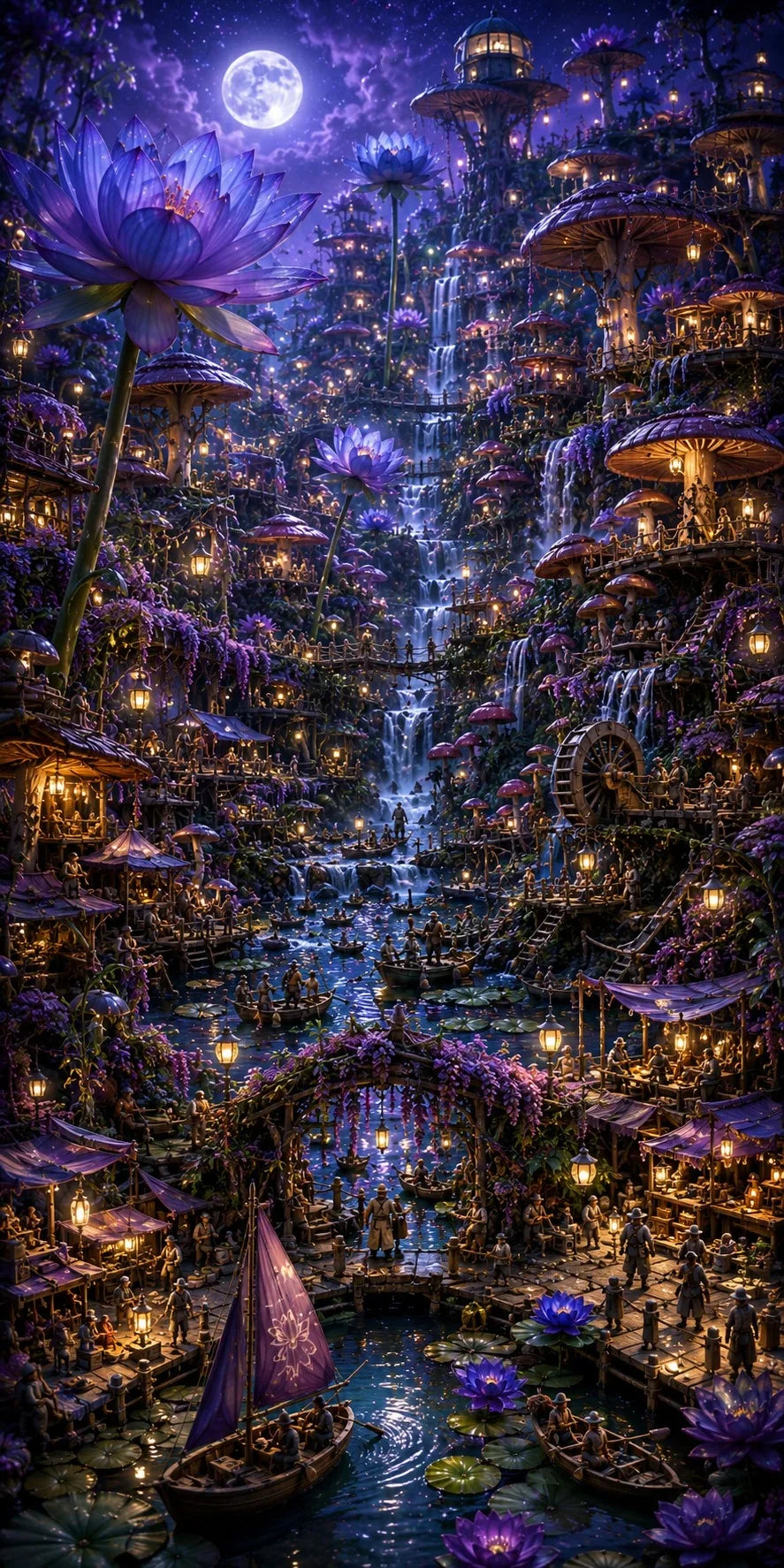 A fantastical night scene filled with purple lotus flowers, glowing mushroom houses, waterfalls, boats on a river, and a full moon, rendered in rich purple, blue, and gold tones.