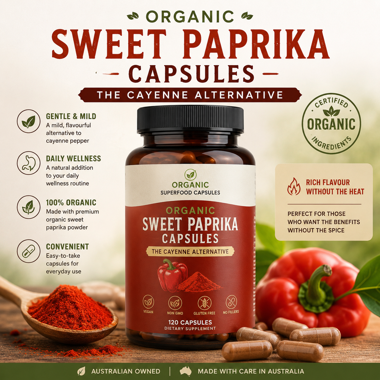 Organic Sweet Paprika Capsules packaging with paprika powder and pepper on a wooden surface.