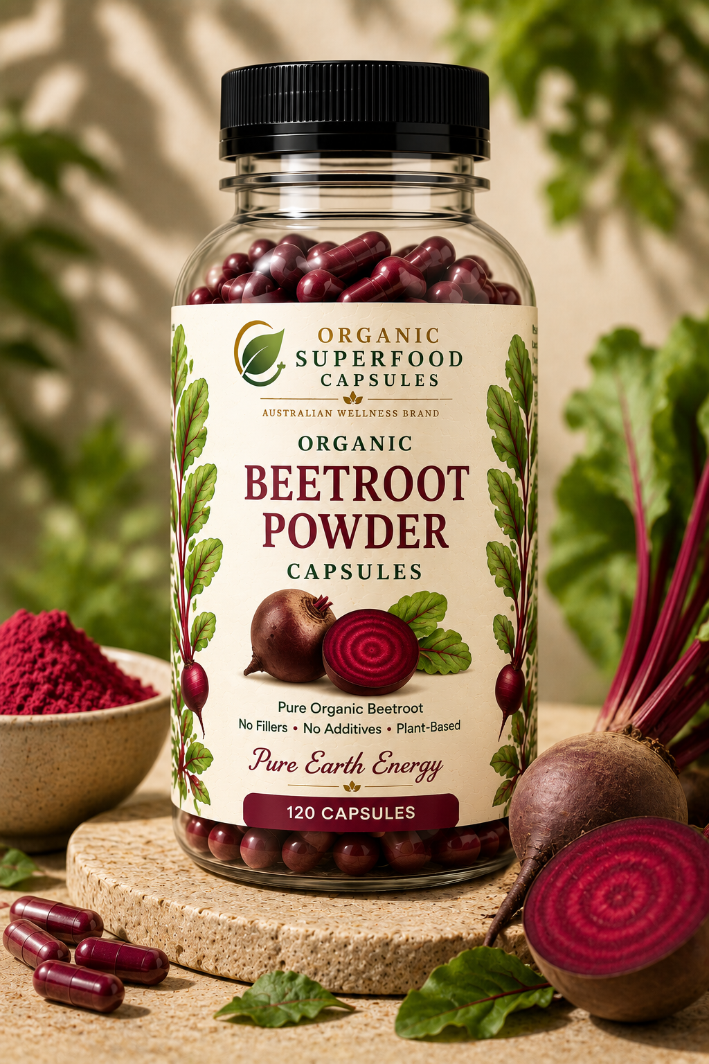 Organic Beetroot Capsules in a bottle