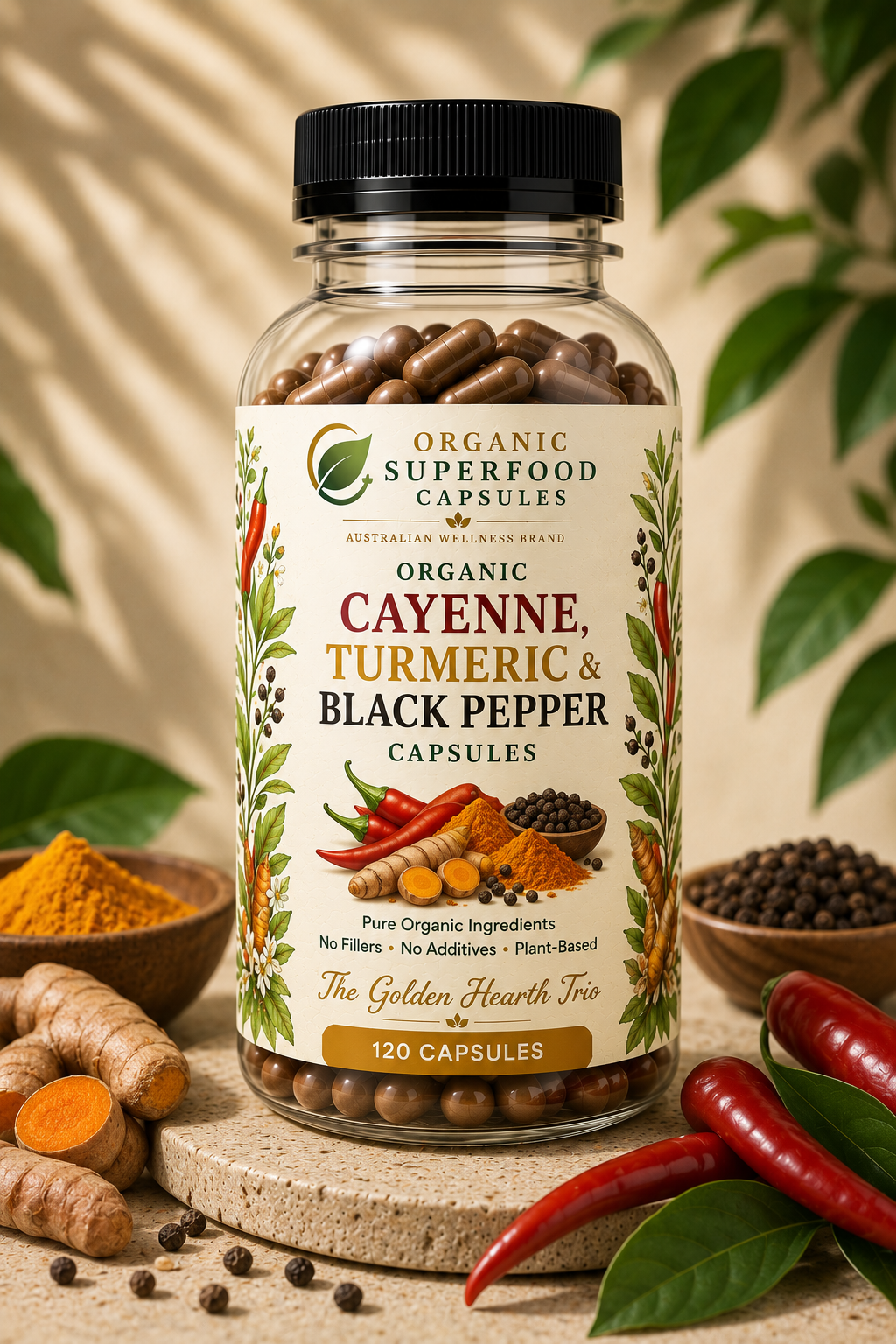 Organic Cayenne, Turmeric & Black Pepper Capsules | The Golden Hearth Trio capsules