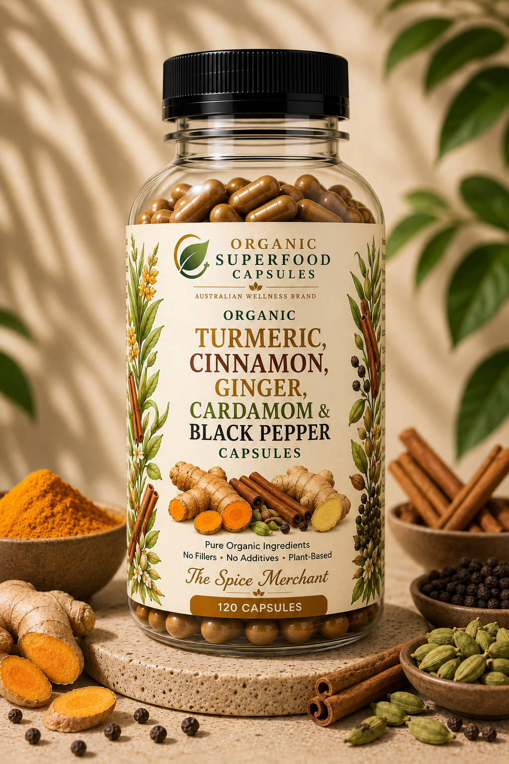Organic Turmeric, Cinnamon, Ginger, Cardamom & Black Pepper Capsules | The Spice Merchant