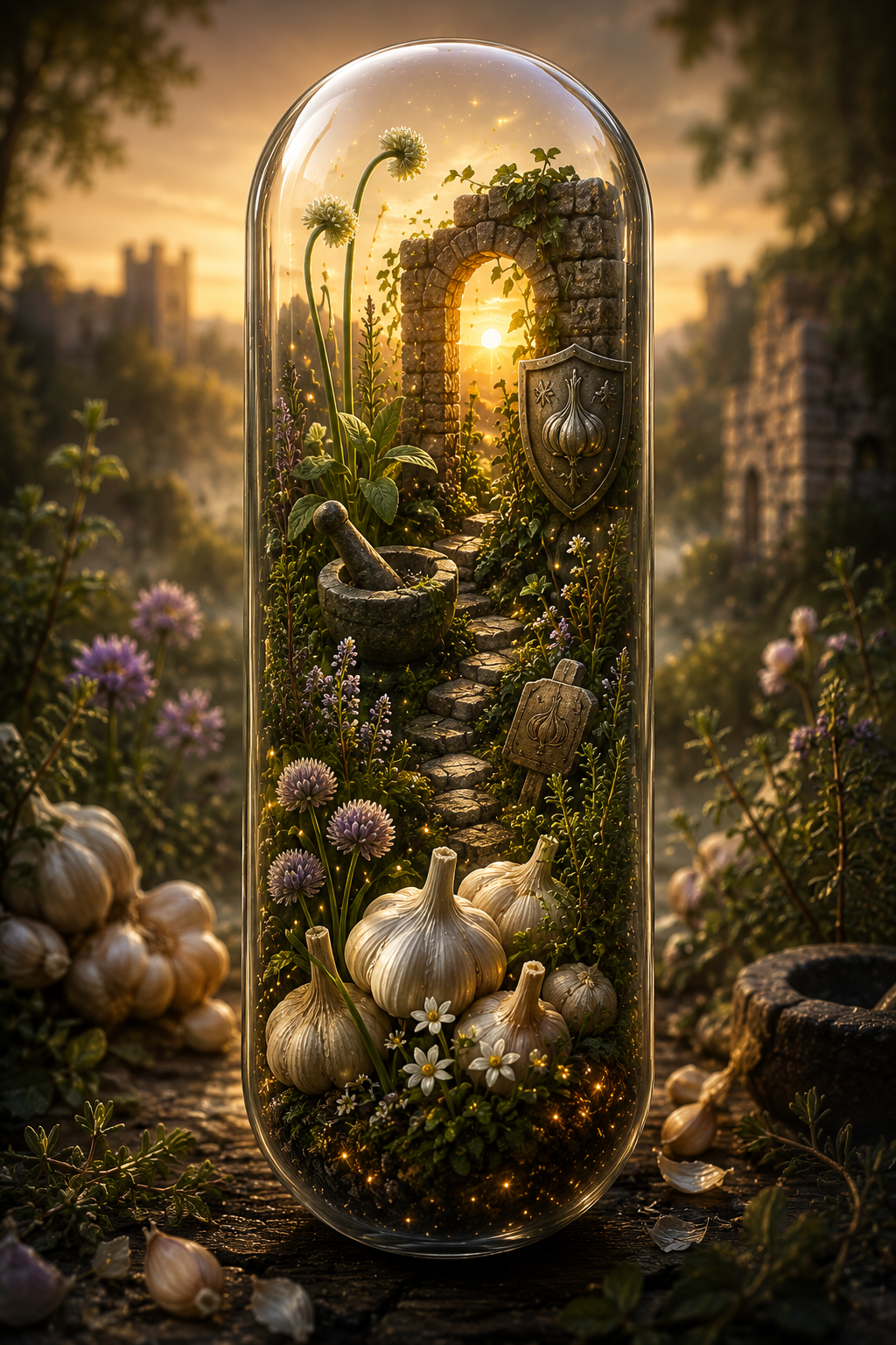 Glass dome with a magical garden scene featuring garlic bulbs, flowers, and stone archway.
