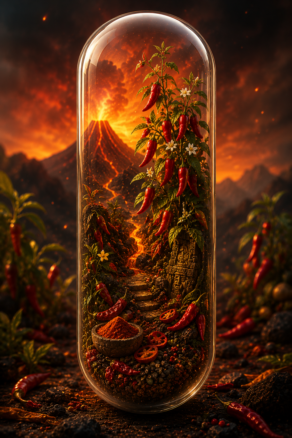 Futuristic capsule with a vibrant landscape of red peppers and mountains, set against a fiery background.