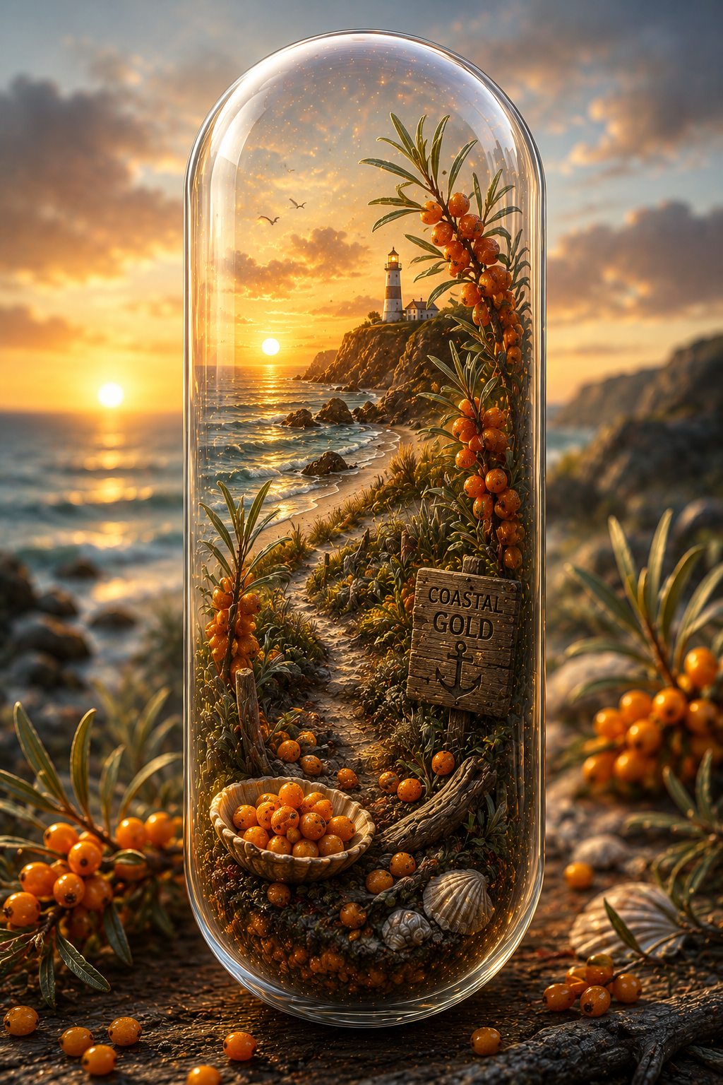 Seaside scene with a lighthouse, pathway, and sea buckthorn berries inside a glass dome.